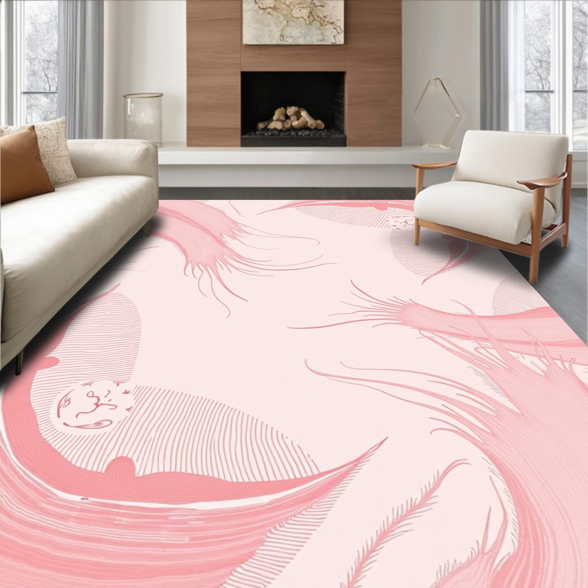 Pink Feather Whimsical Pattern Design Rug