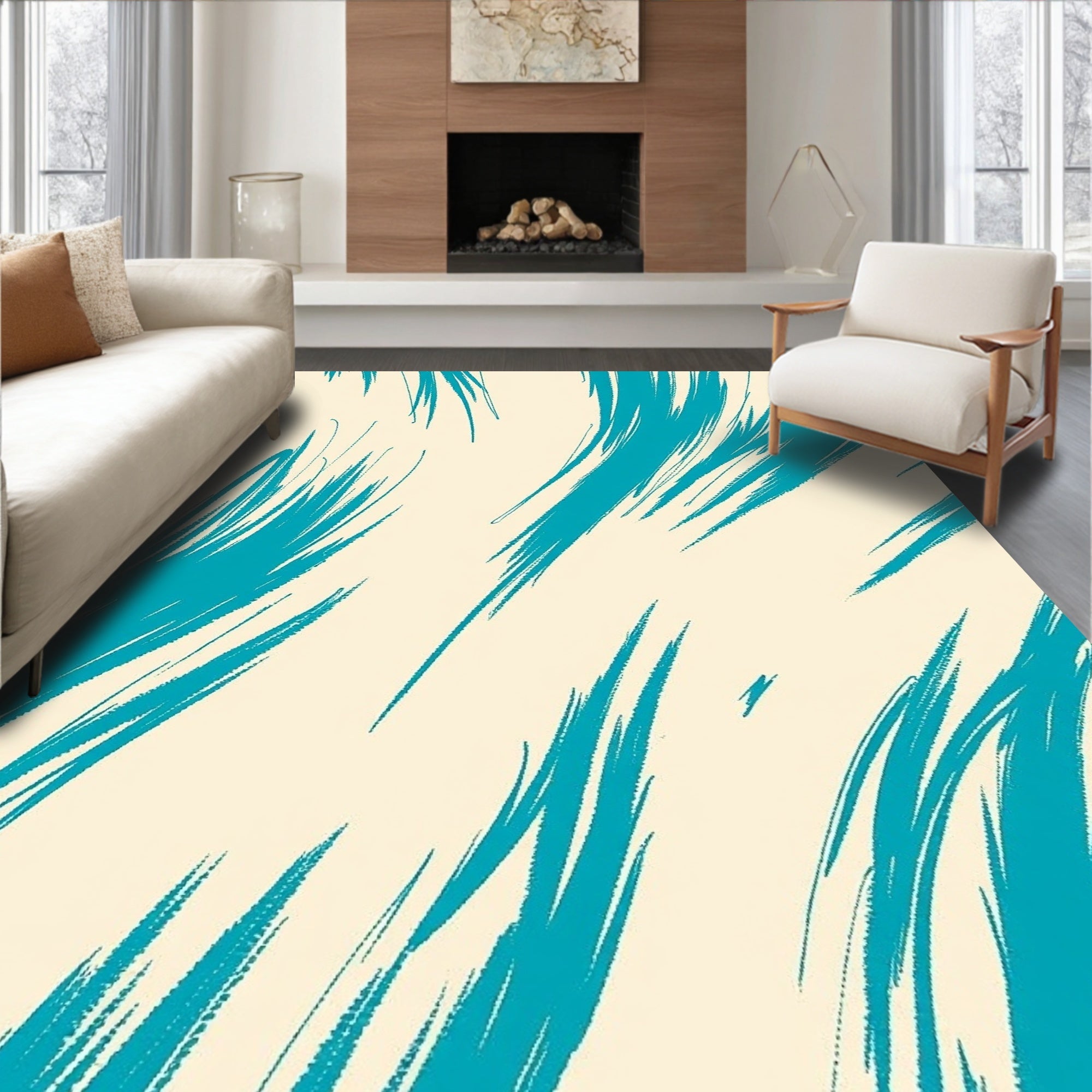 Abstract Teal Brush Stroke Pattern Rug