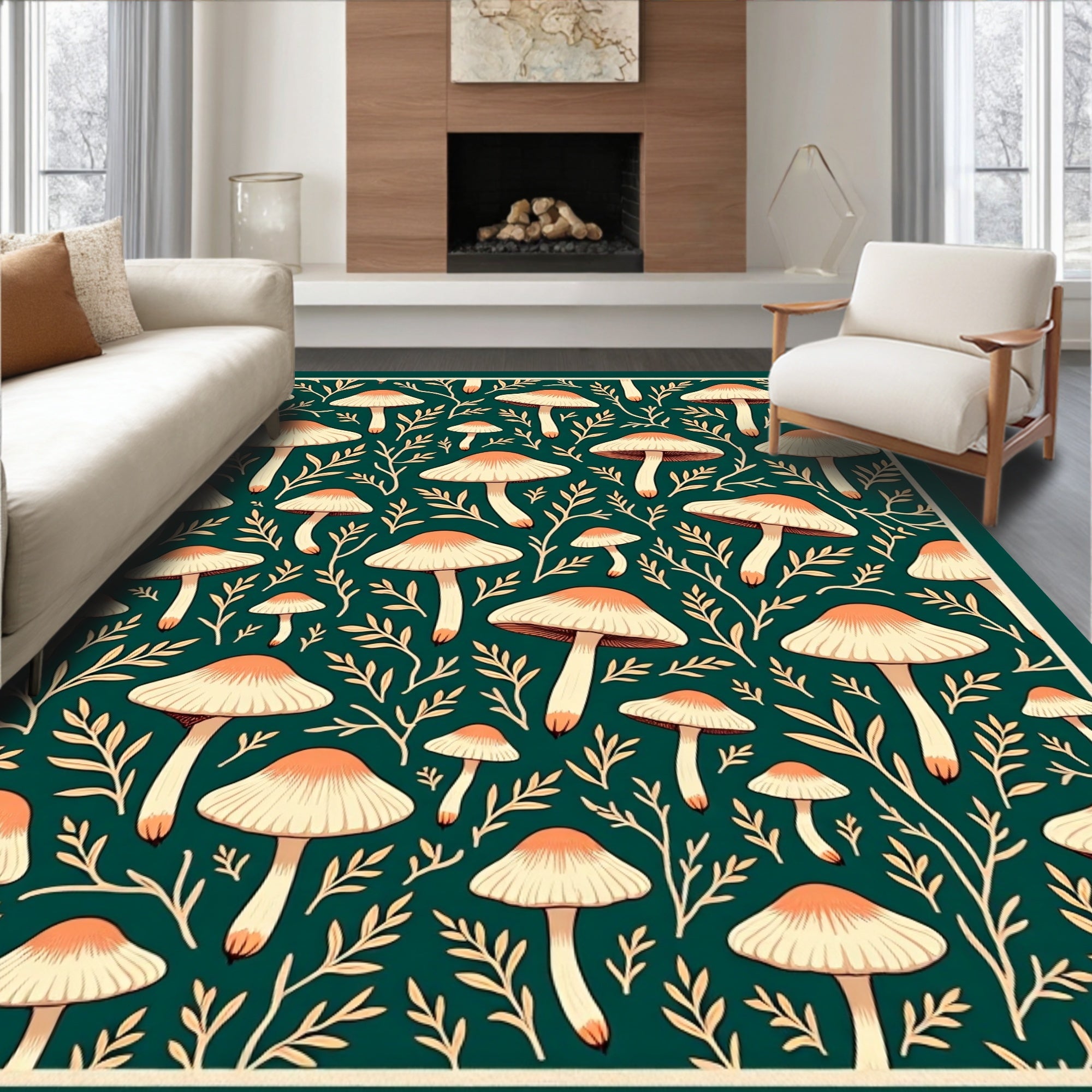 Mushroom Leaf Patterned Folk Art Rug