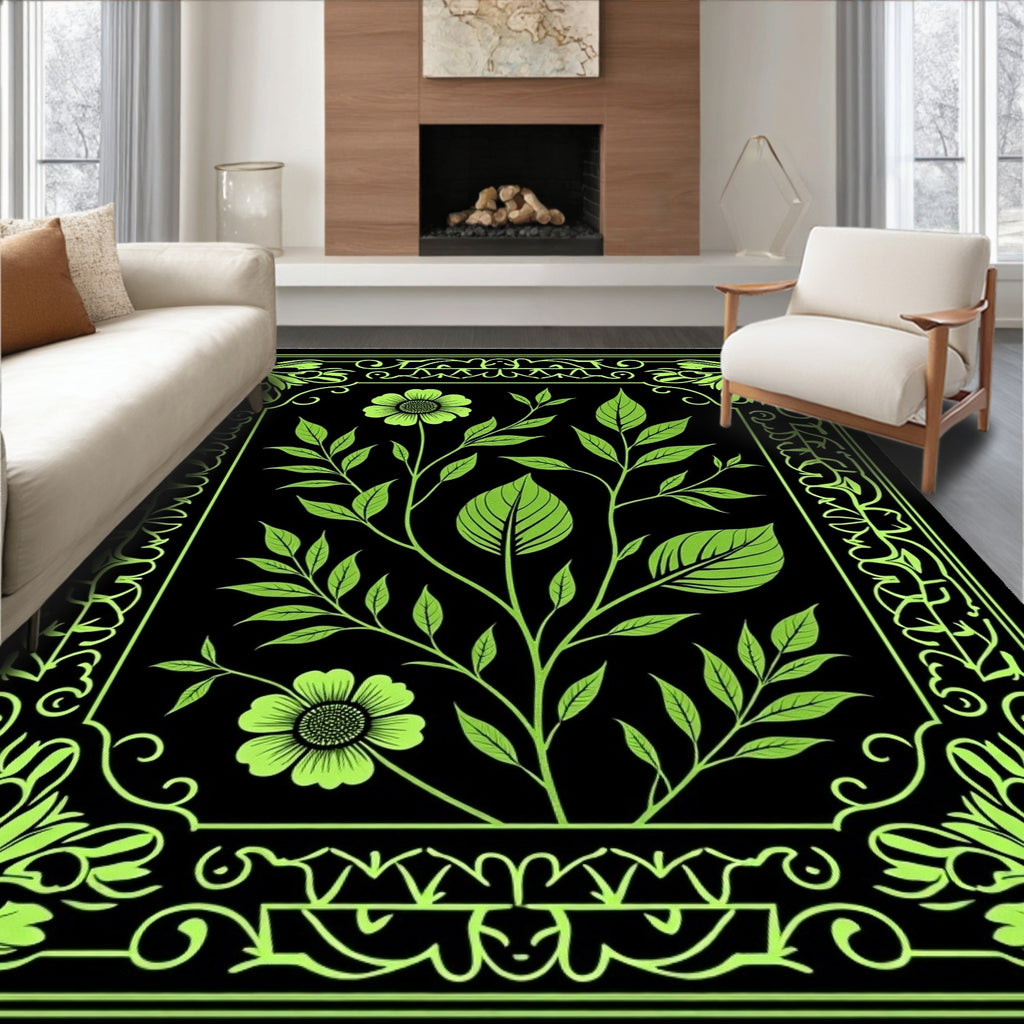 Neon Green Floral Botanical Frame Rug