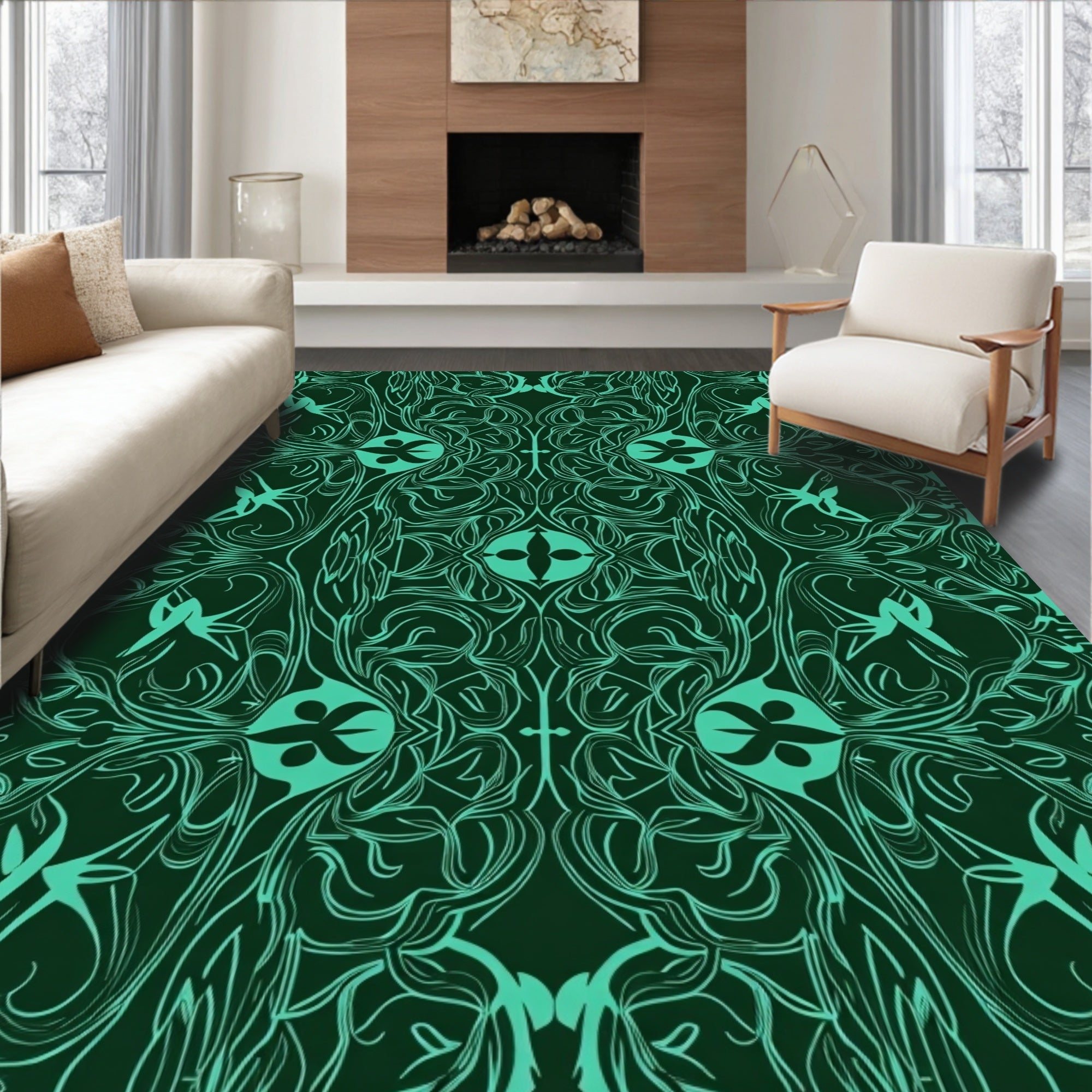Ornate Teal Floral Swirls Pattern Rug