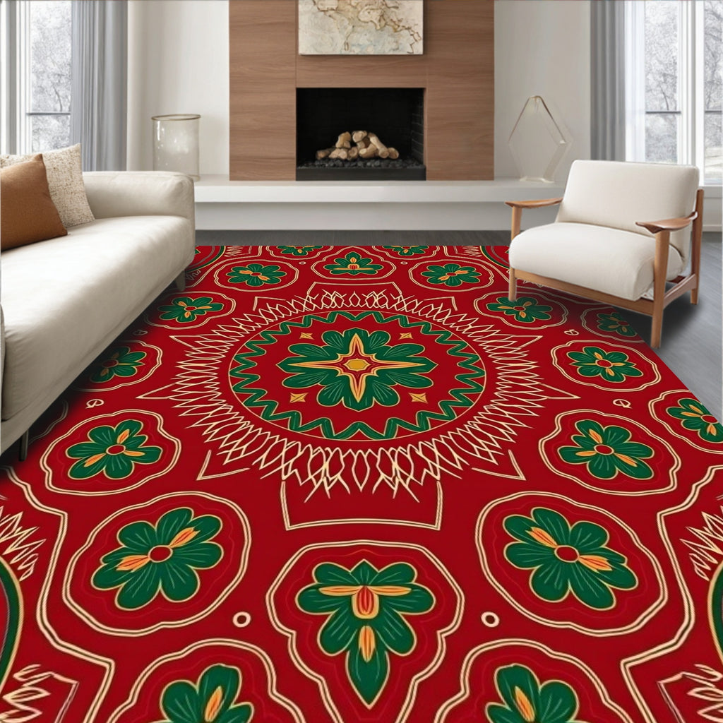 Rich Red Floral Geometric Pattern Rug
