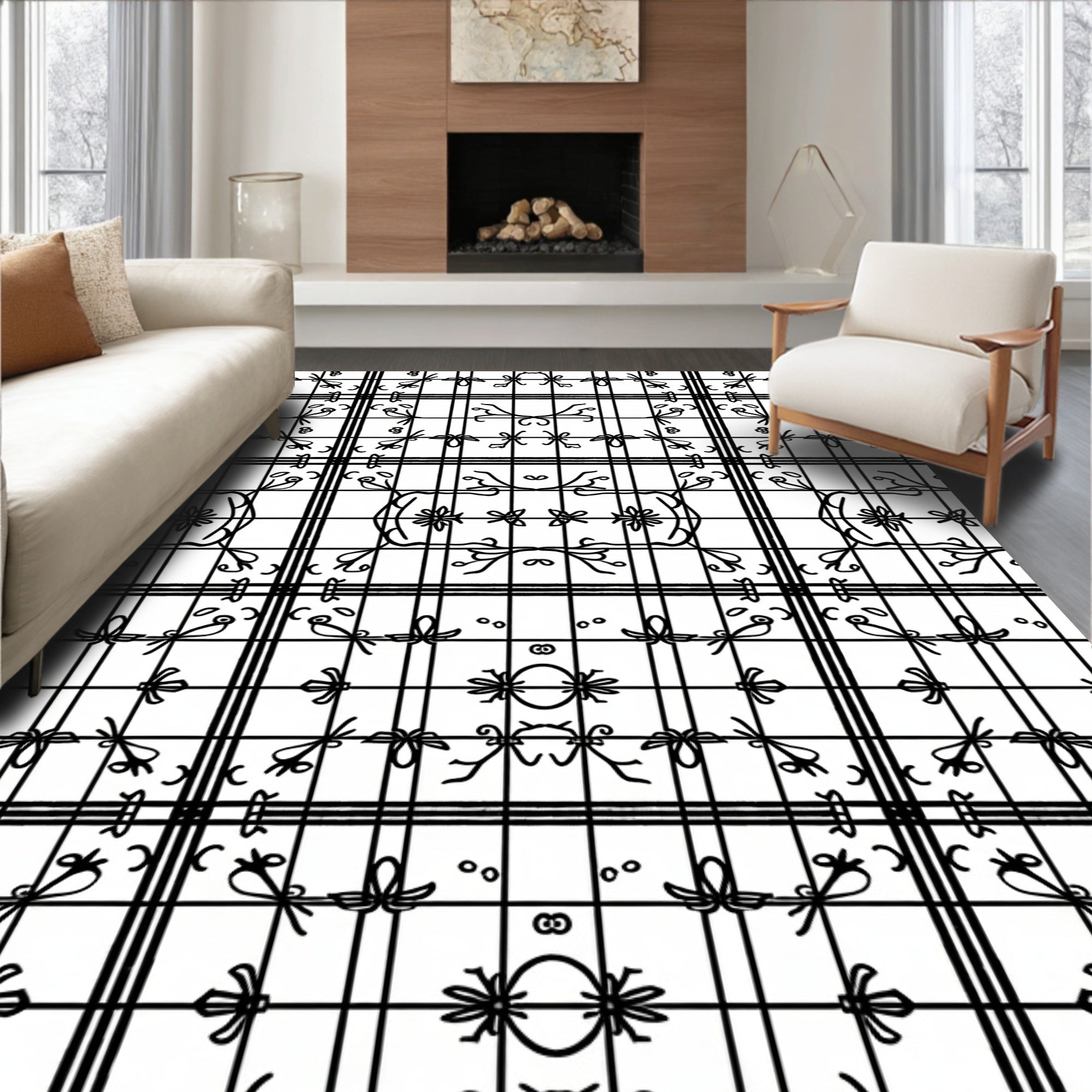 Black White Grid Floral Scroll Arrangement Rug