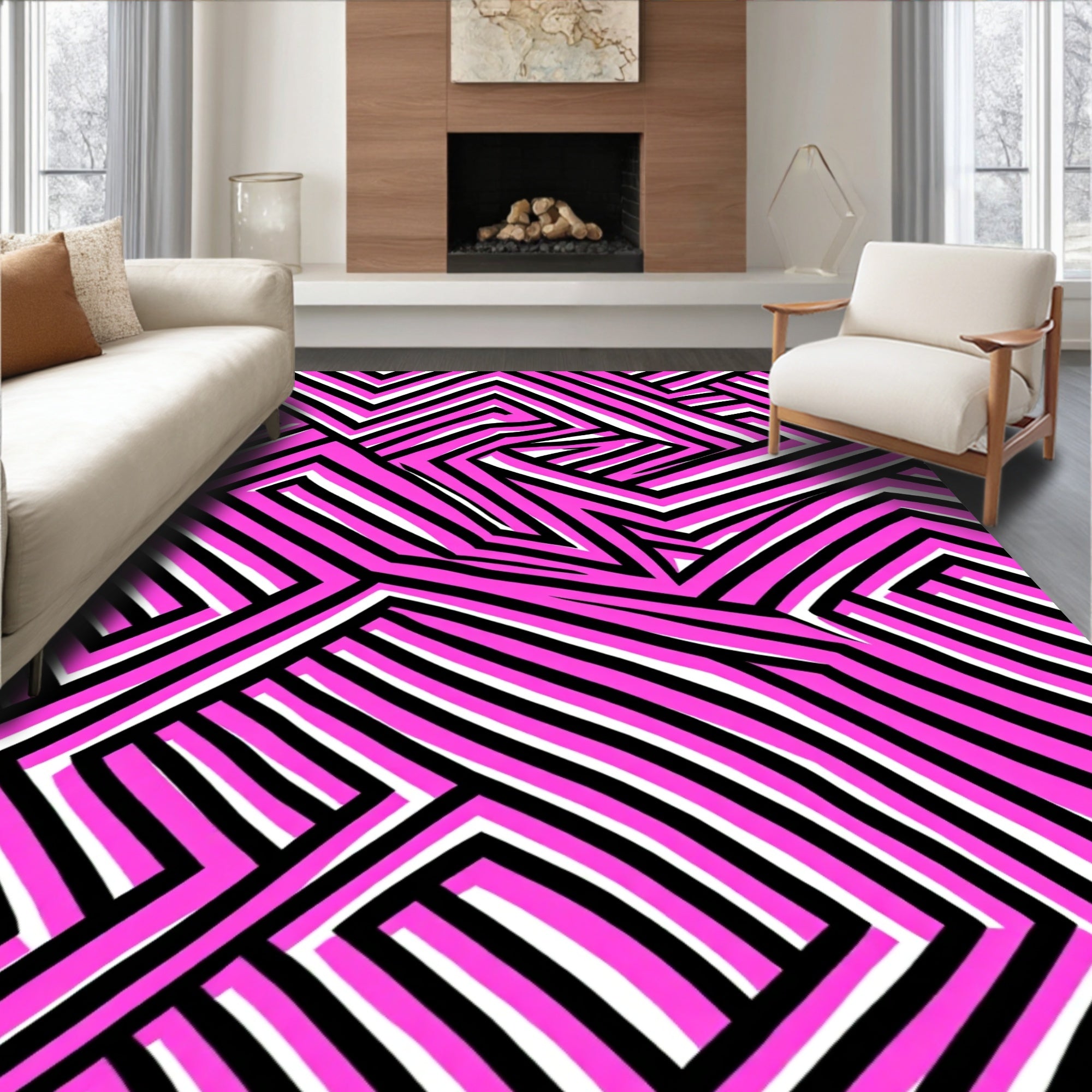 Vivid Pink Black White Geometric Pattern Rug