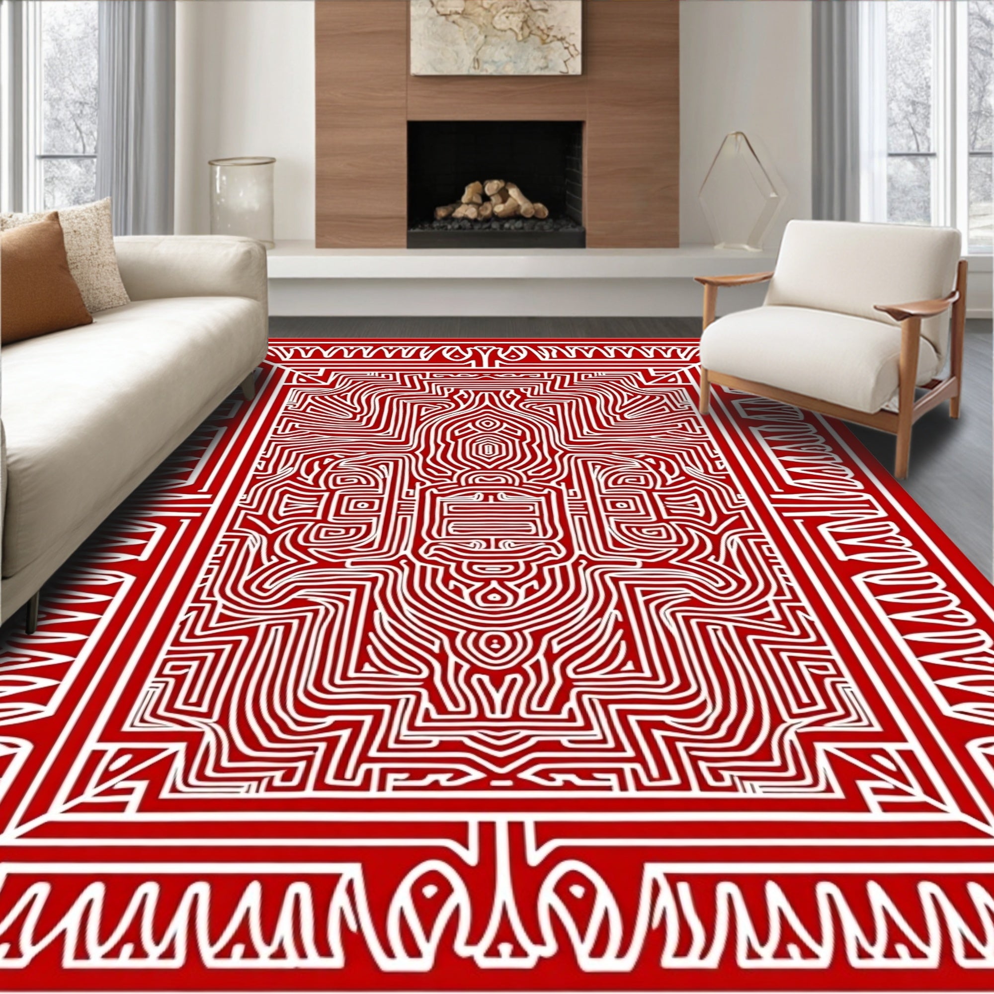 Intricate Red White Maze Design Rug
