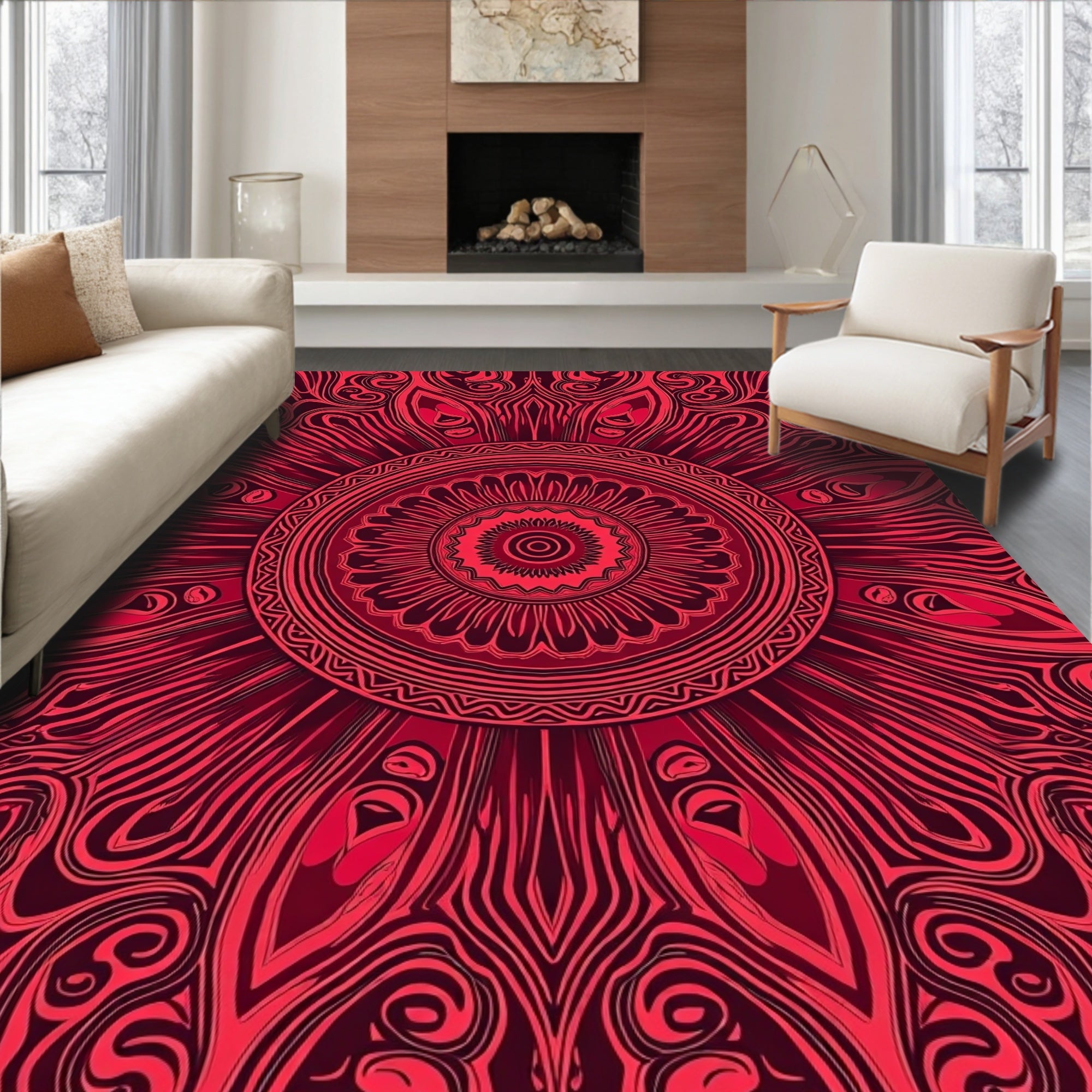 Intricate Red Mandala Pattern Rug
