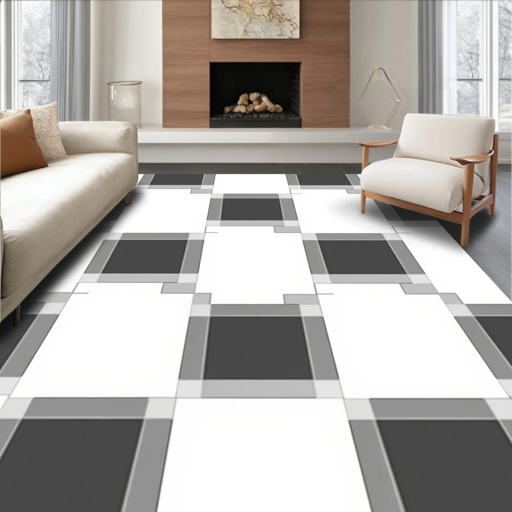 Modern Gray Scale Checkerboard Pattern Rug