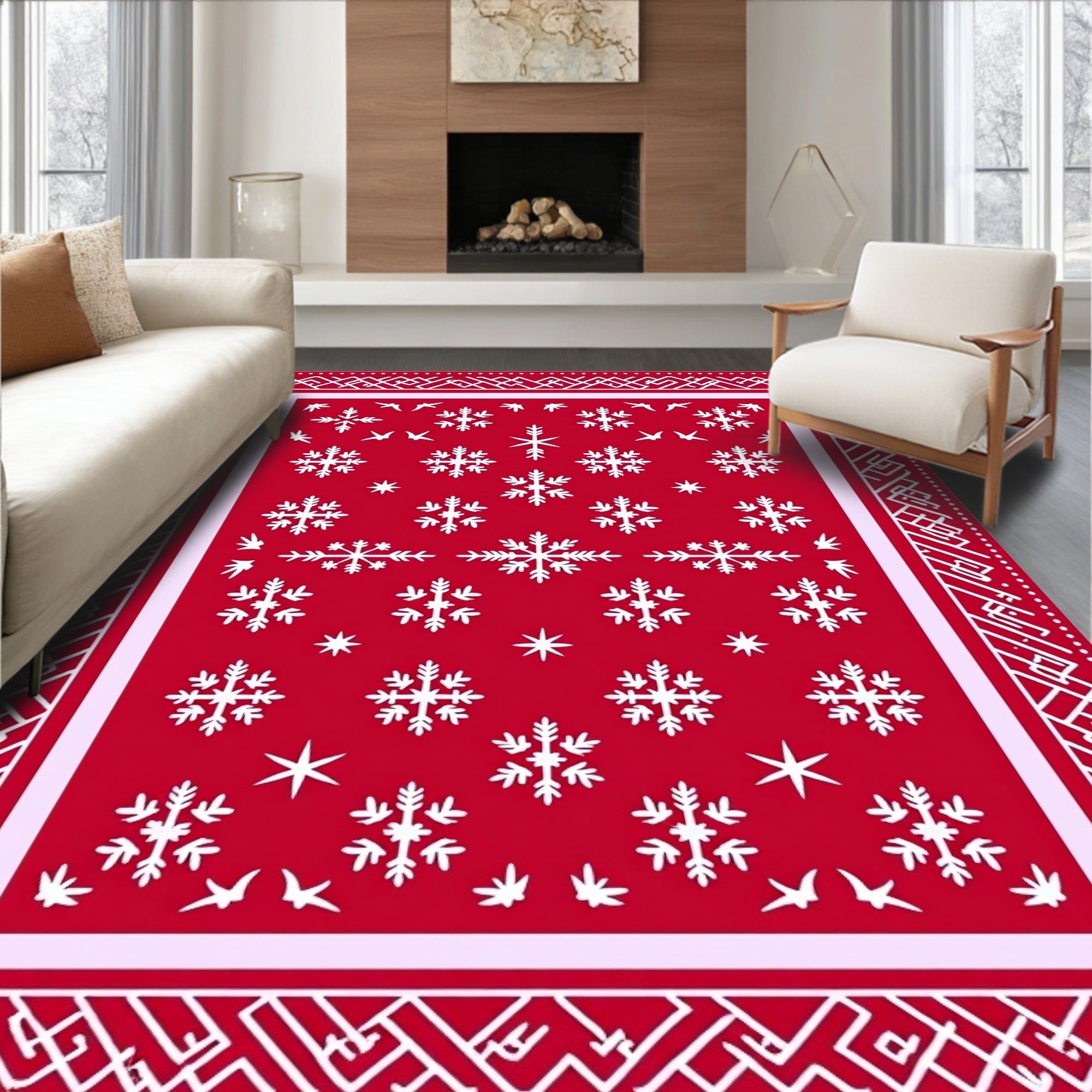 Red Snowflake Border Pattern Rug