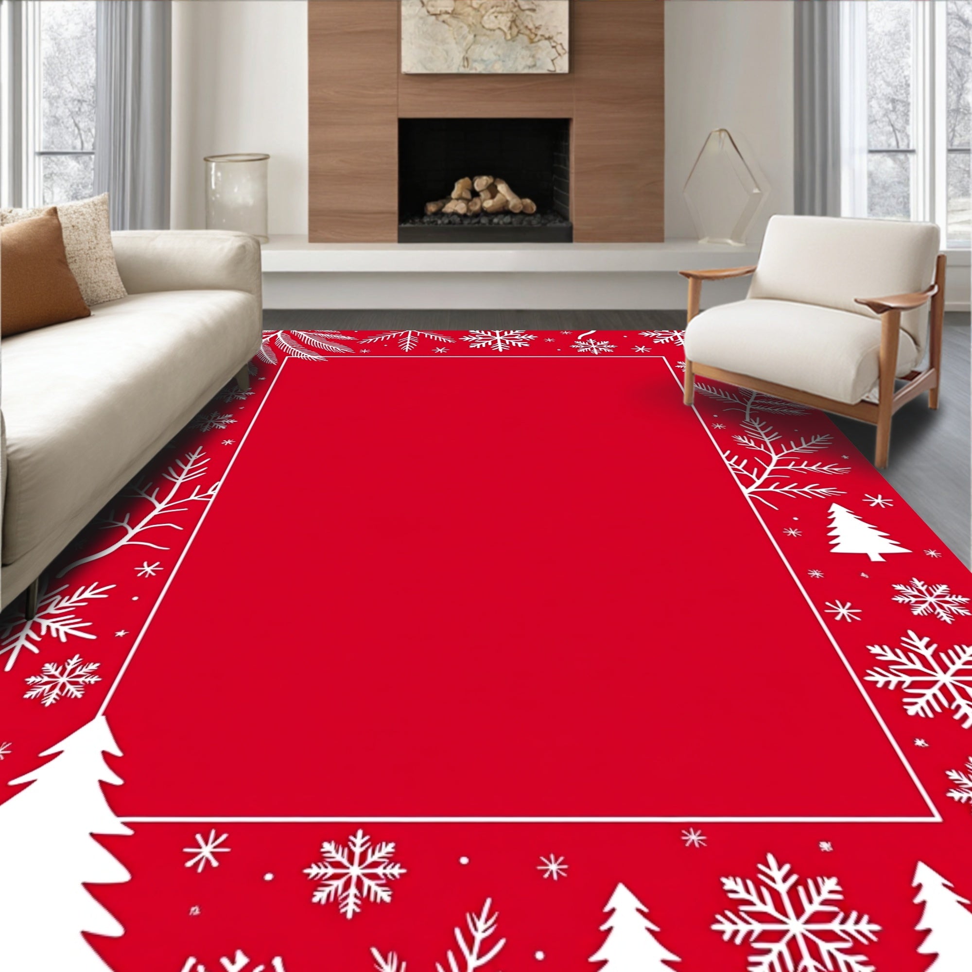 Festive Red White Snowflake Tree Pattern Rug