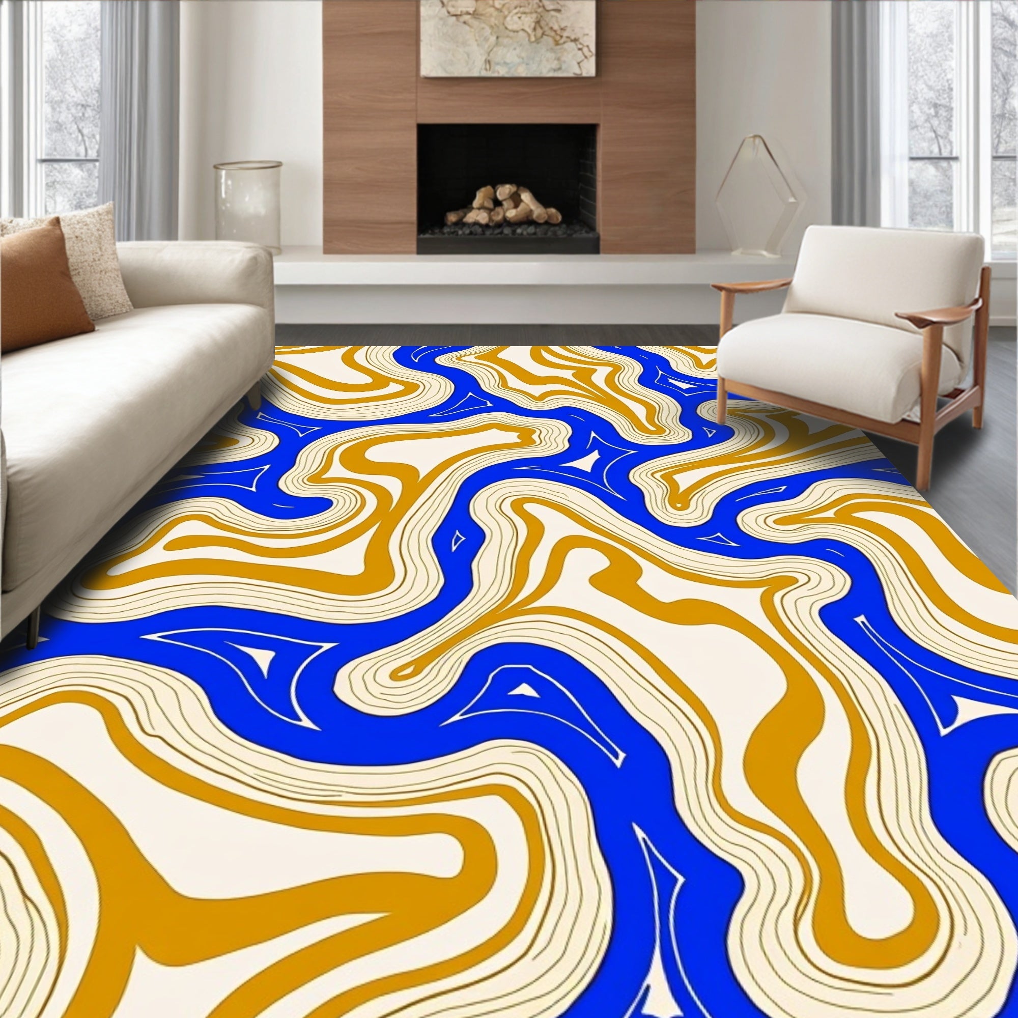 Abstract Swirls Blue Gold Rug