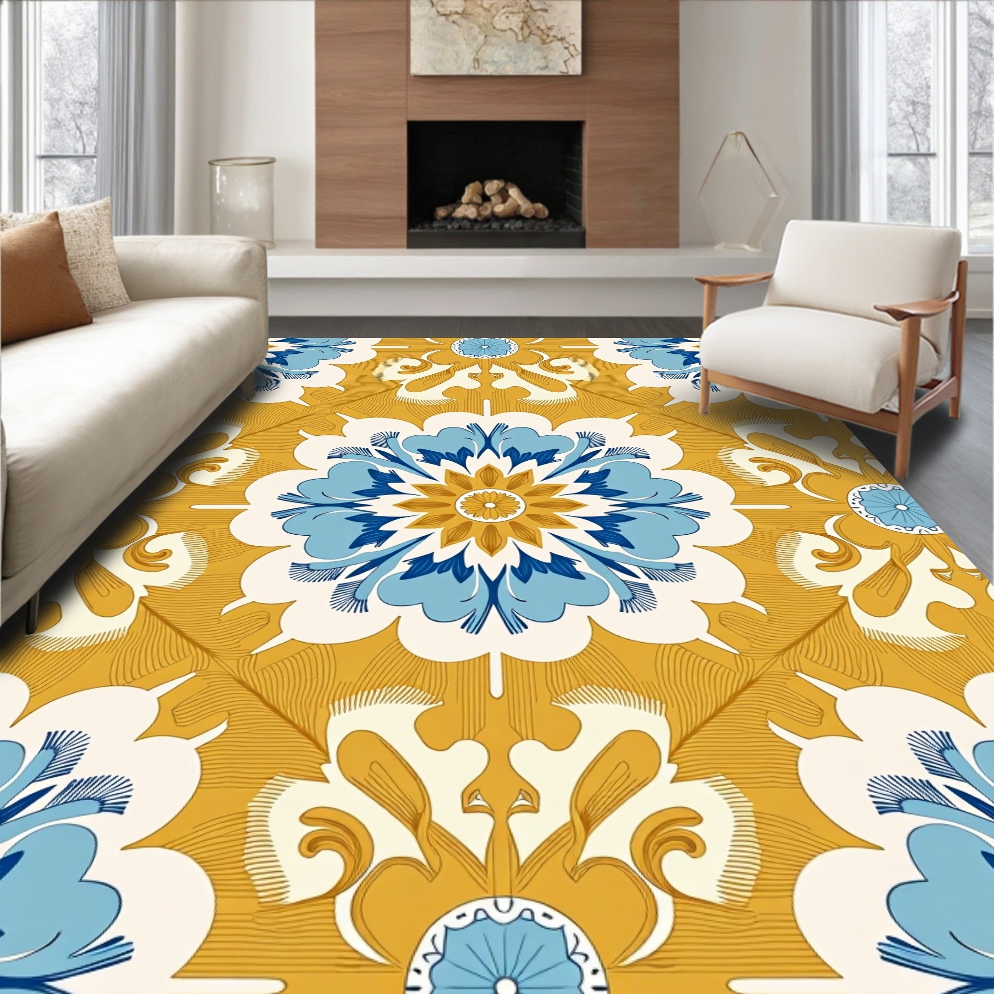 Golden Yellow Blue Floral Medallion Pattern Rug