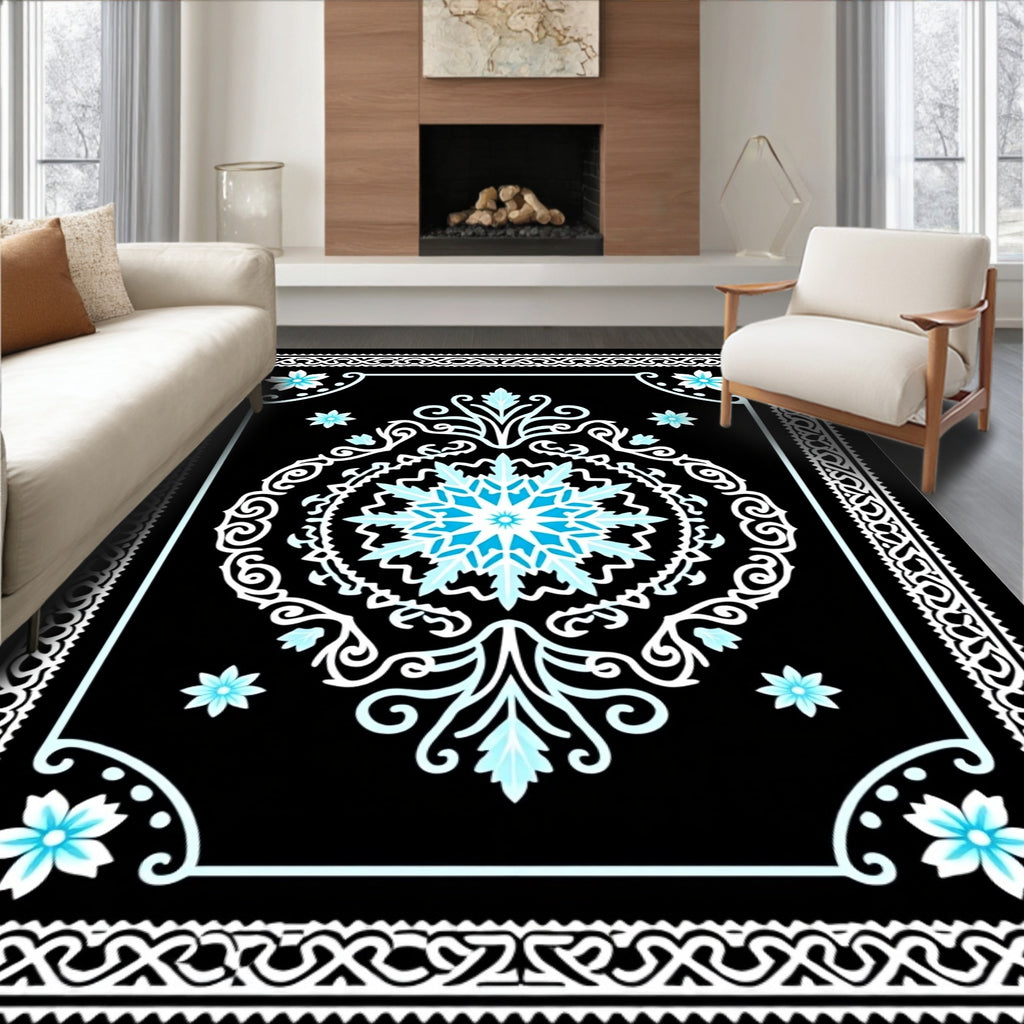 Black Cyan Floral Mandala Border Rug