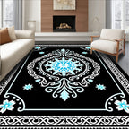 Black Cyan Floral Mandala Border Rug