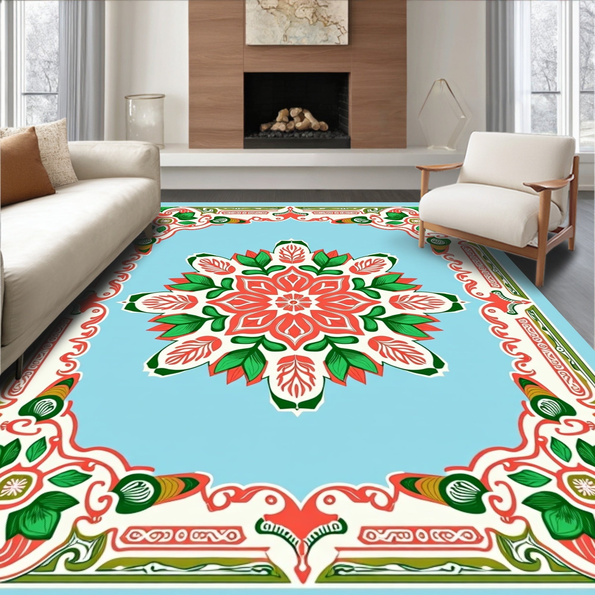 Ornate Coral Green Floral Medallion Design Rug