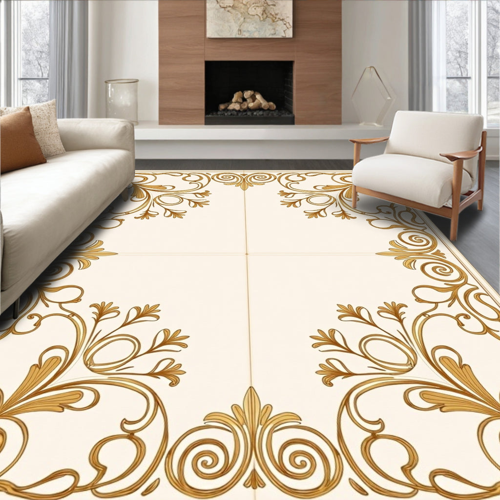 Elegant Gold Swirl Floral Pattern Rug