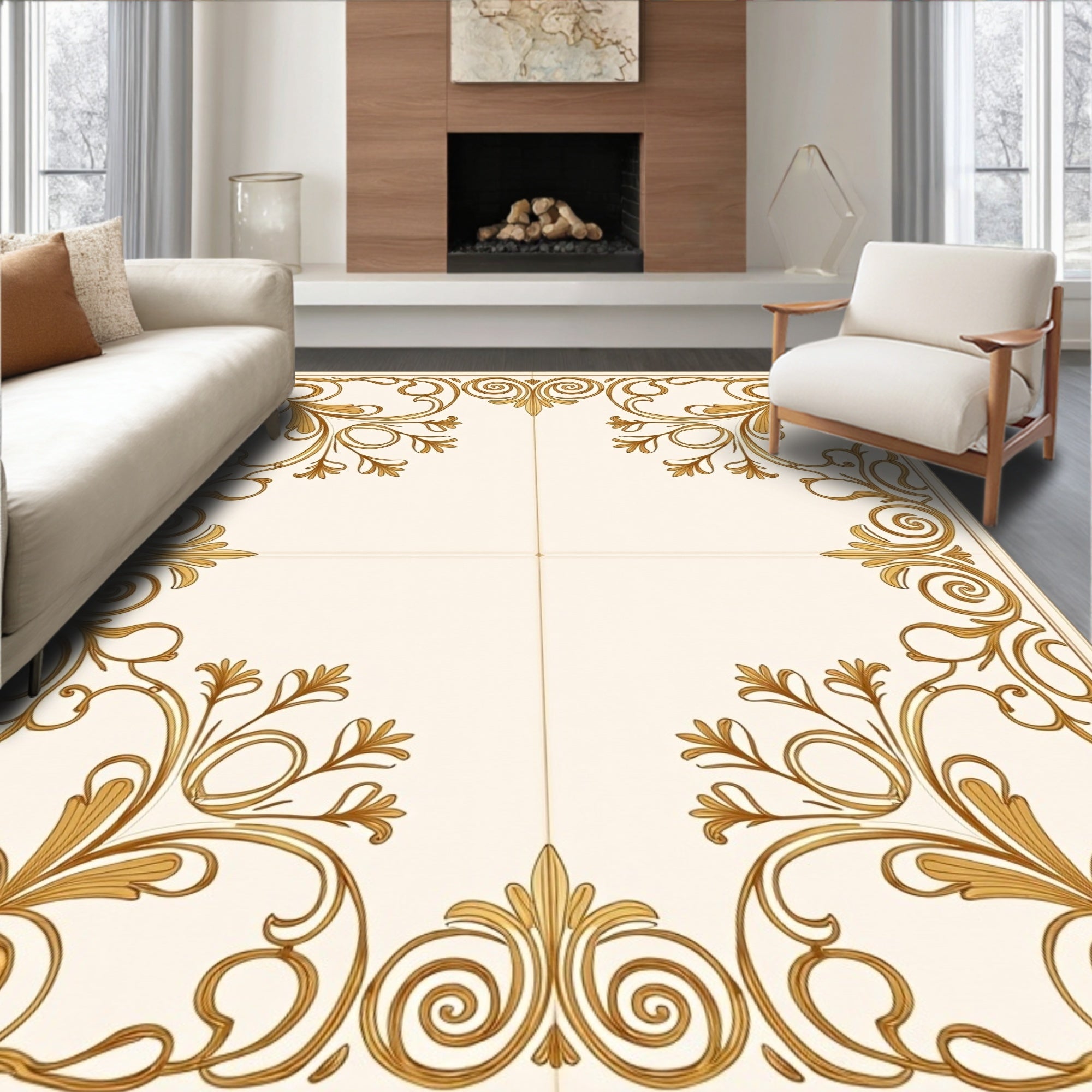 Elegant Gold Swirl Floral Pattern Rug