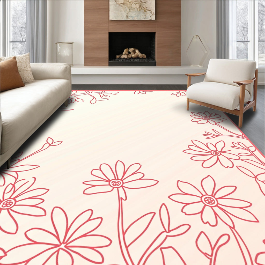 Delicate Red Floral Outline Design Rug