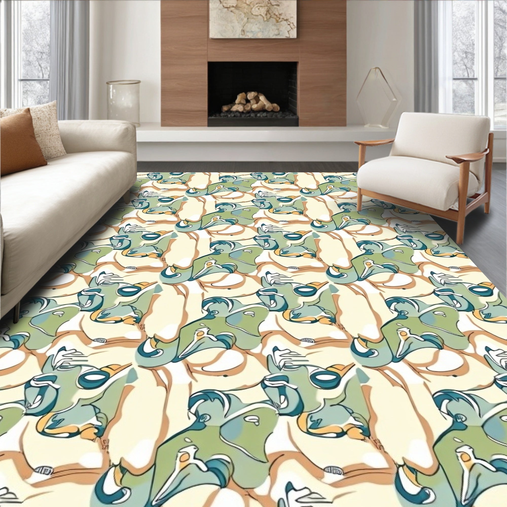 Abstract Swirls Green and Tan Pattern Rug