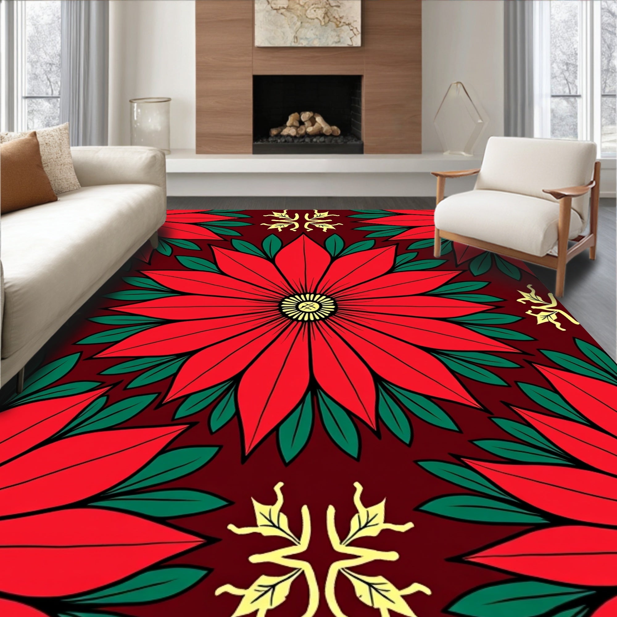 Red Floral Starburst Pattern Rug
