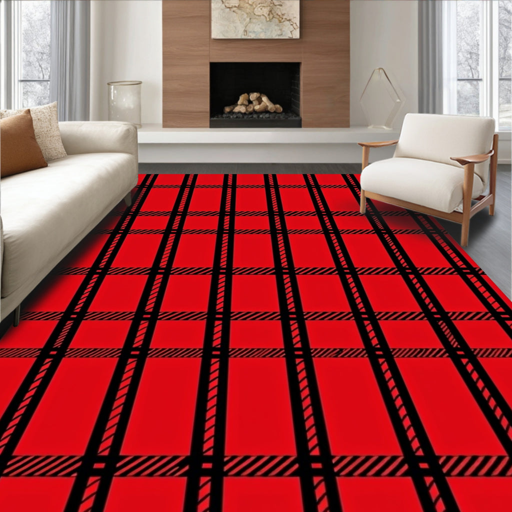 Bold Red Black Plaid Design Rug
