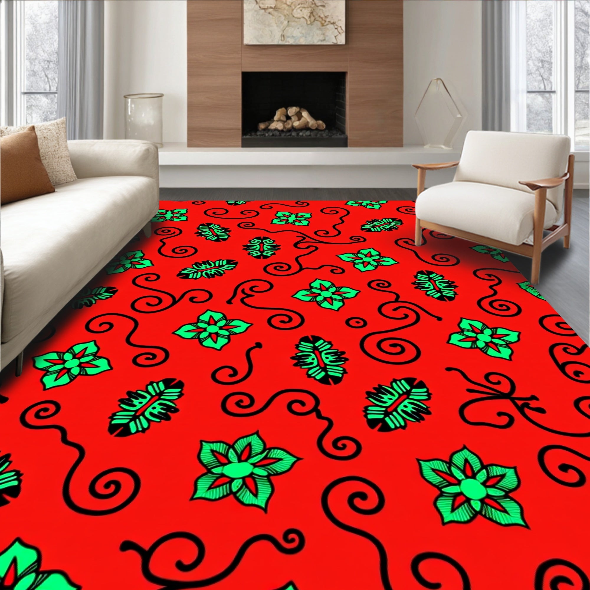 Bold Red Floral Swirls Rug