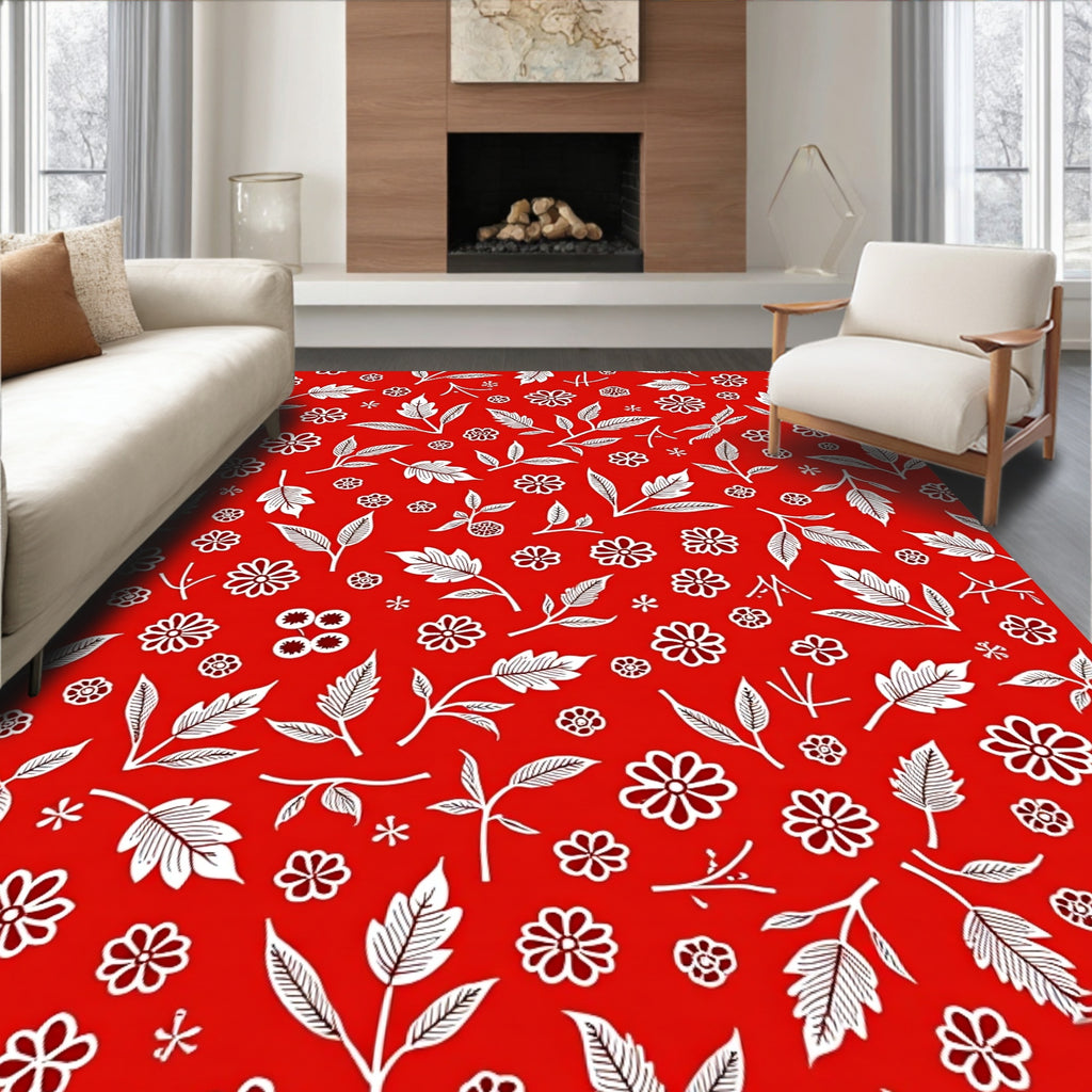 Red White Floral Leaf Pattern Rug