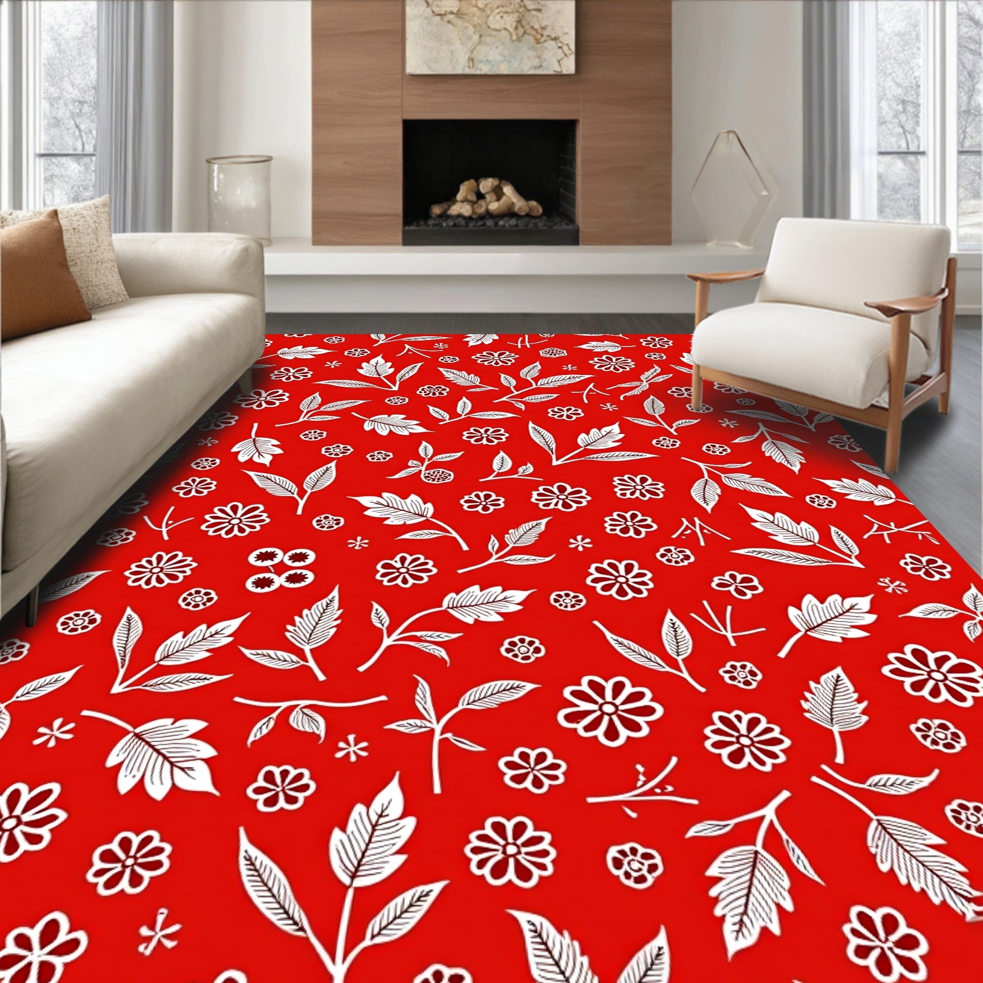 Red White Floral Leaf Pattern Rug