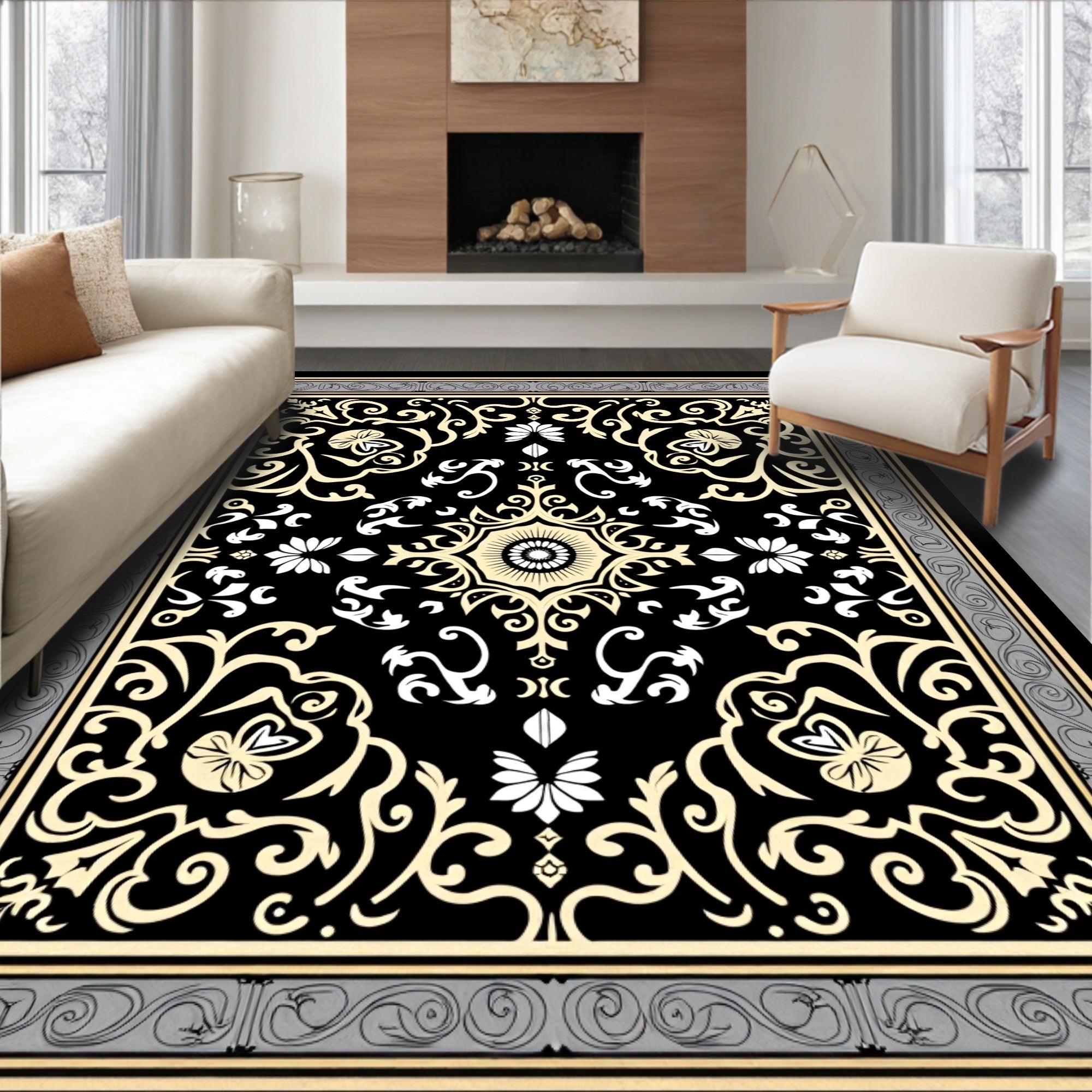 Intricate Black Cream Floral Medallion Rug