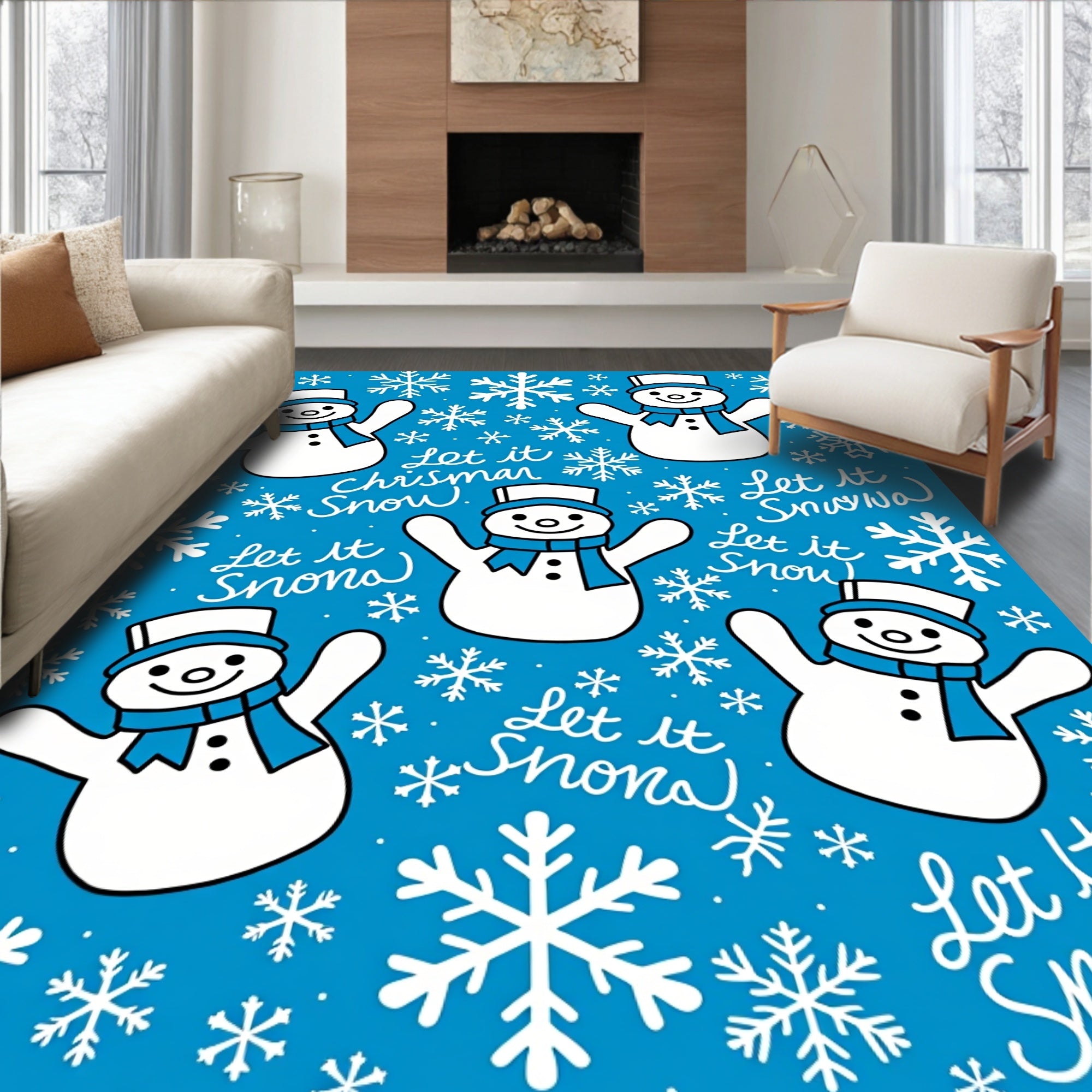 Charming Blue Snowman Christmas Snow Rug