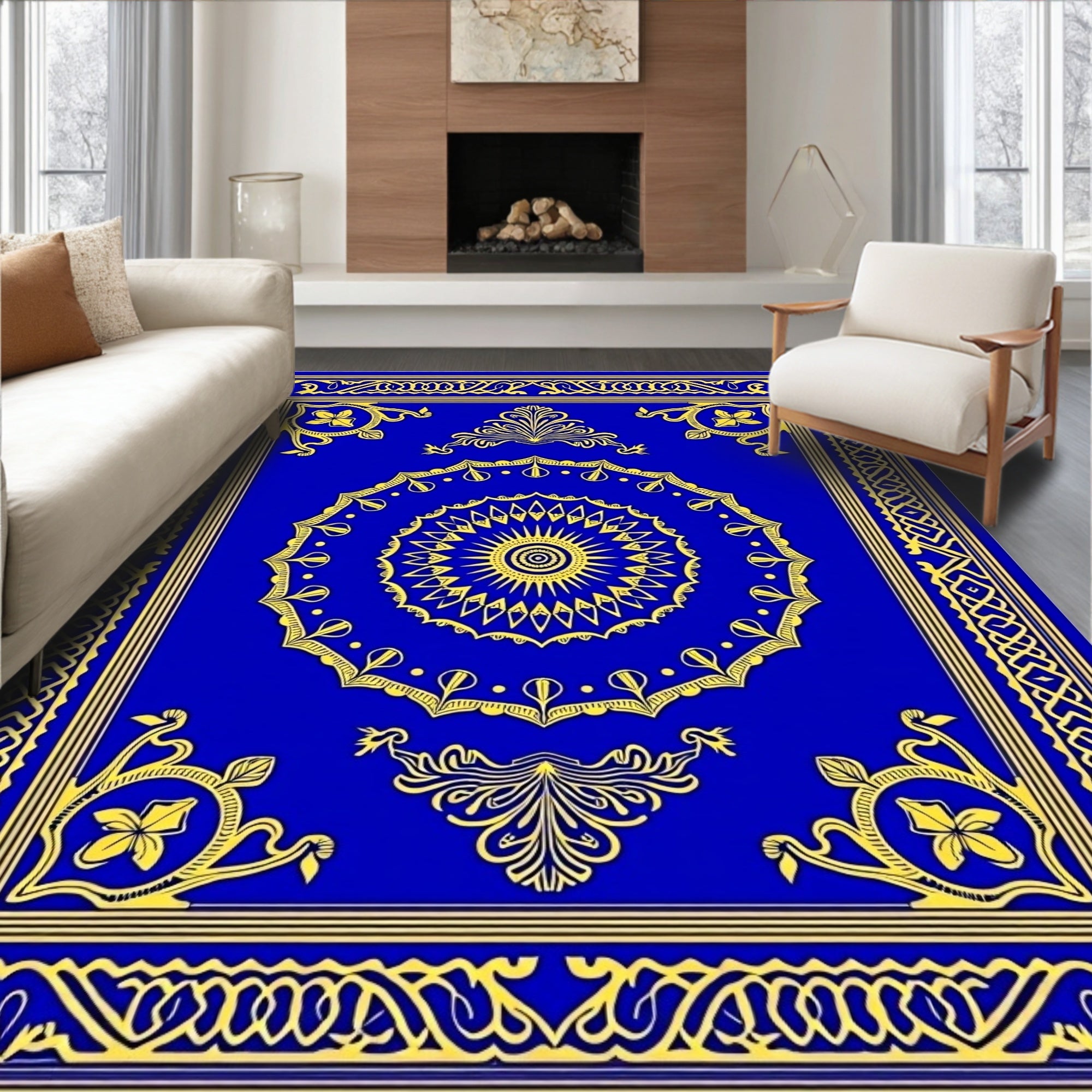Royal Blue Yellow Medallion Pattern Rug