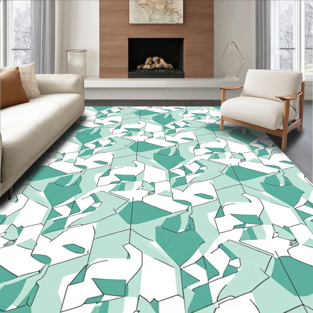 Abstract Teal Geometric Cat Pattern Rug