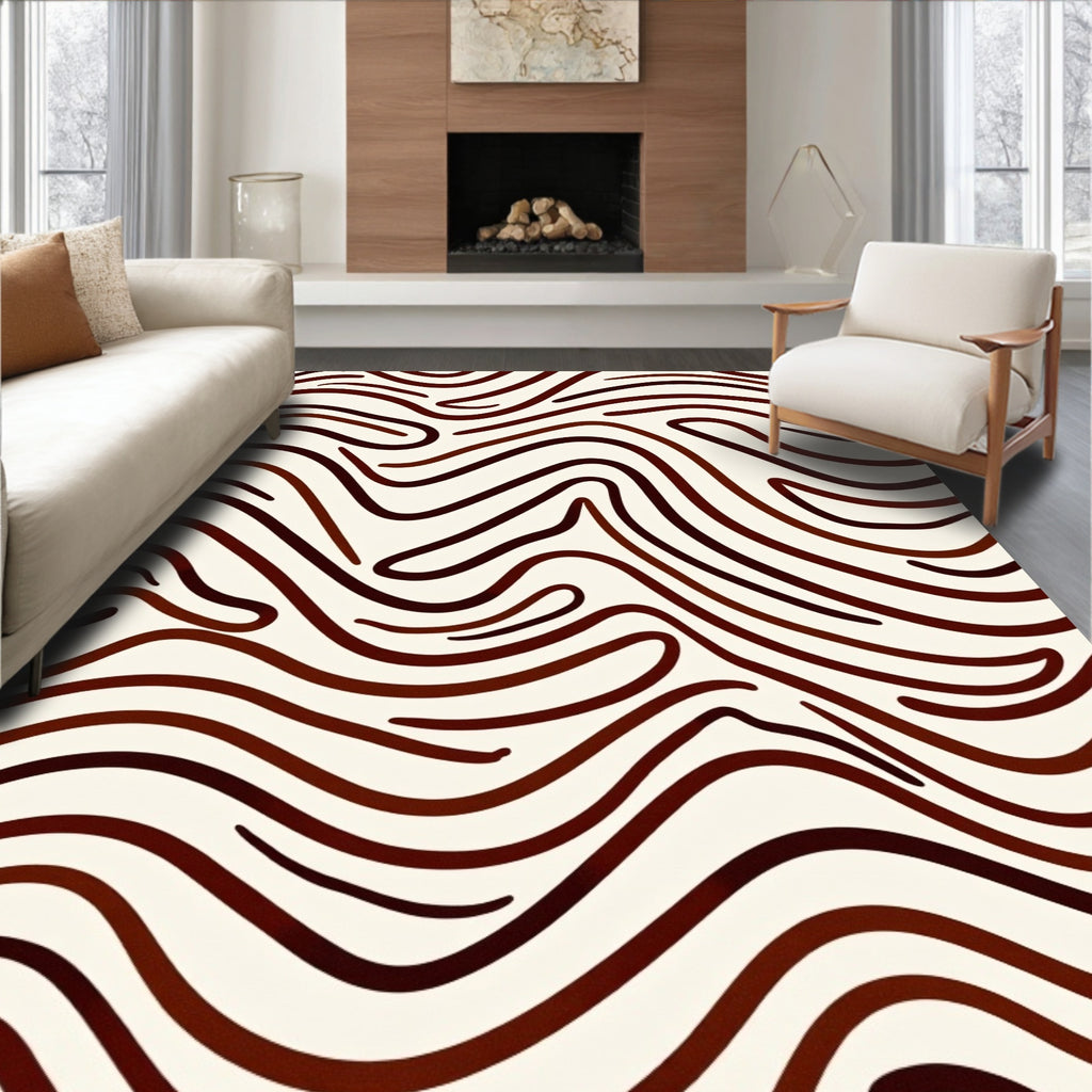 Brown Wavy Abstract Line Art Rug