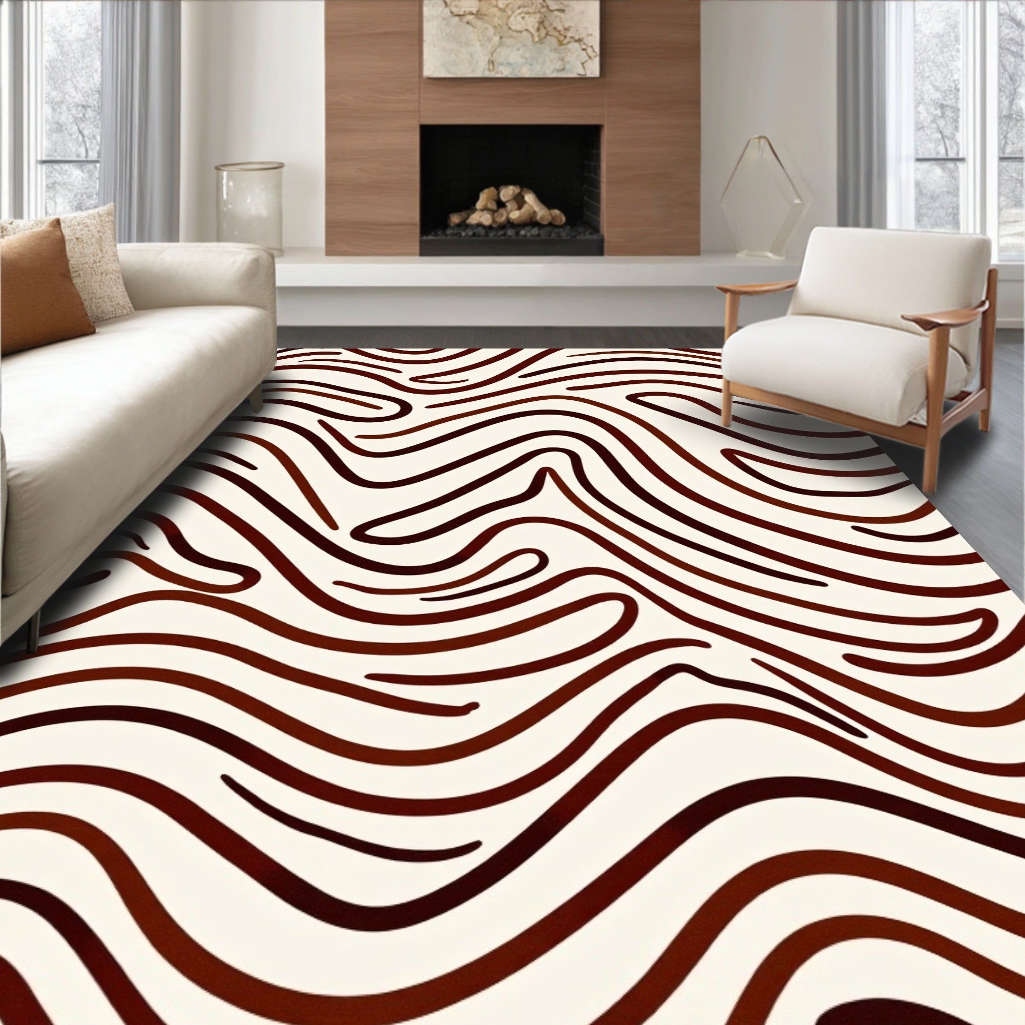 Brown Wavy Abstract Line Art Rug