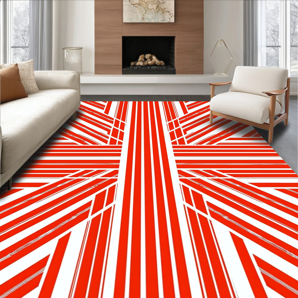 Bold Red White Abstract Stripe Design Rug