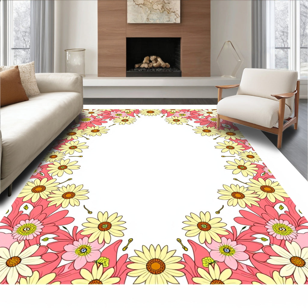 Pink Yellow Daisy Floral Frame Rug
