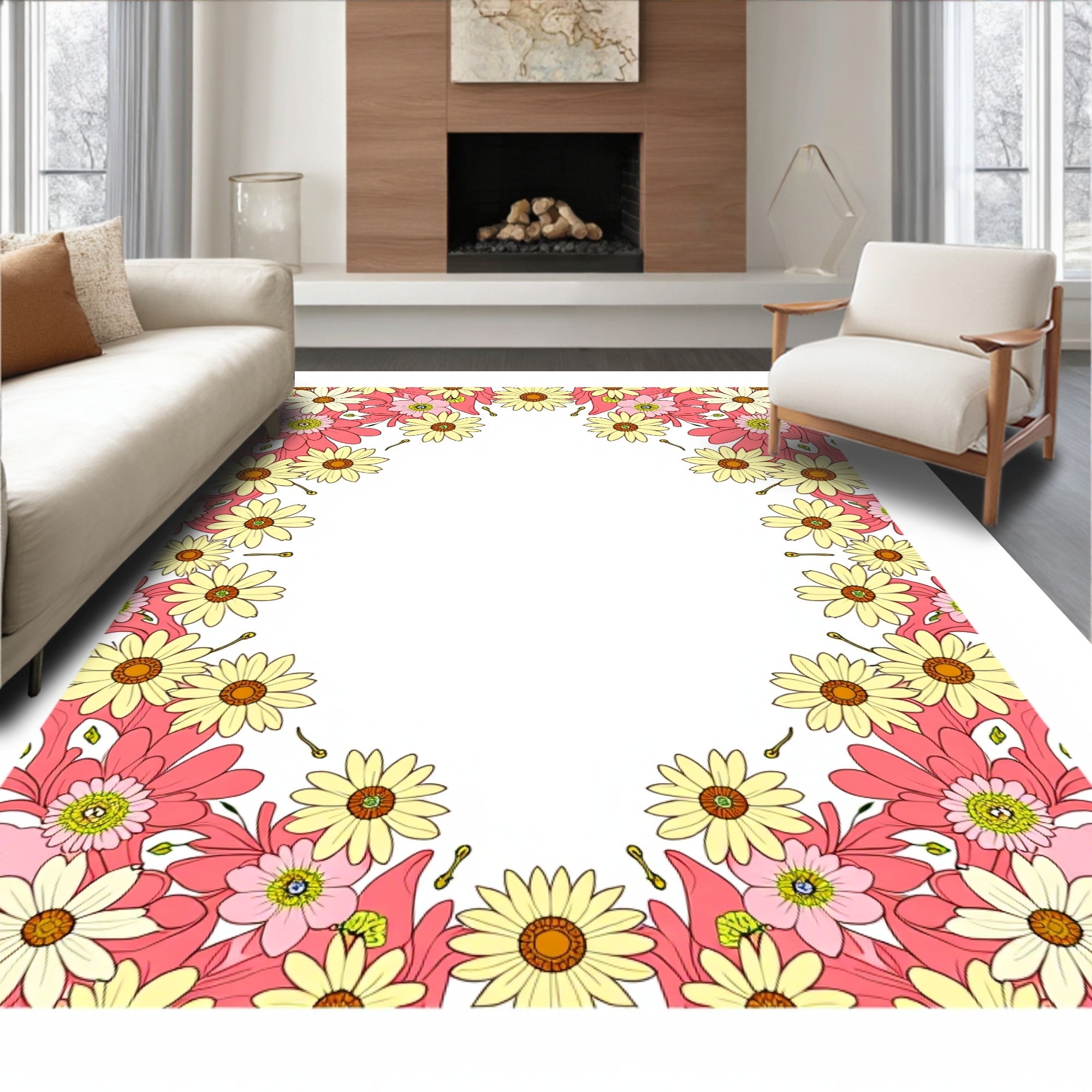 Pink Yellow Daisy Floral Frame Rug