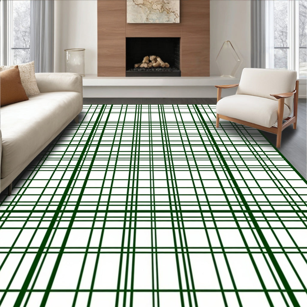 Classic Green White Plaid Pattern Rug