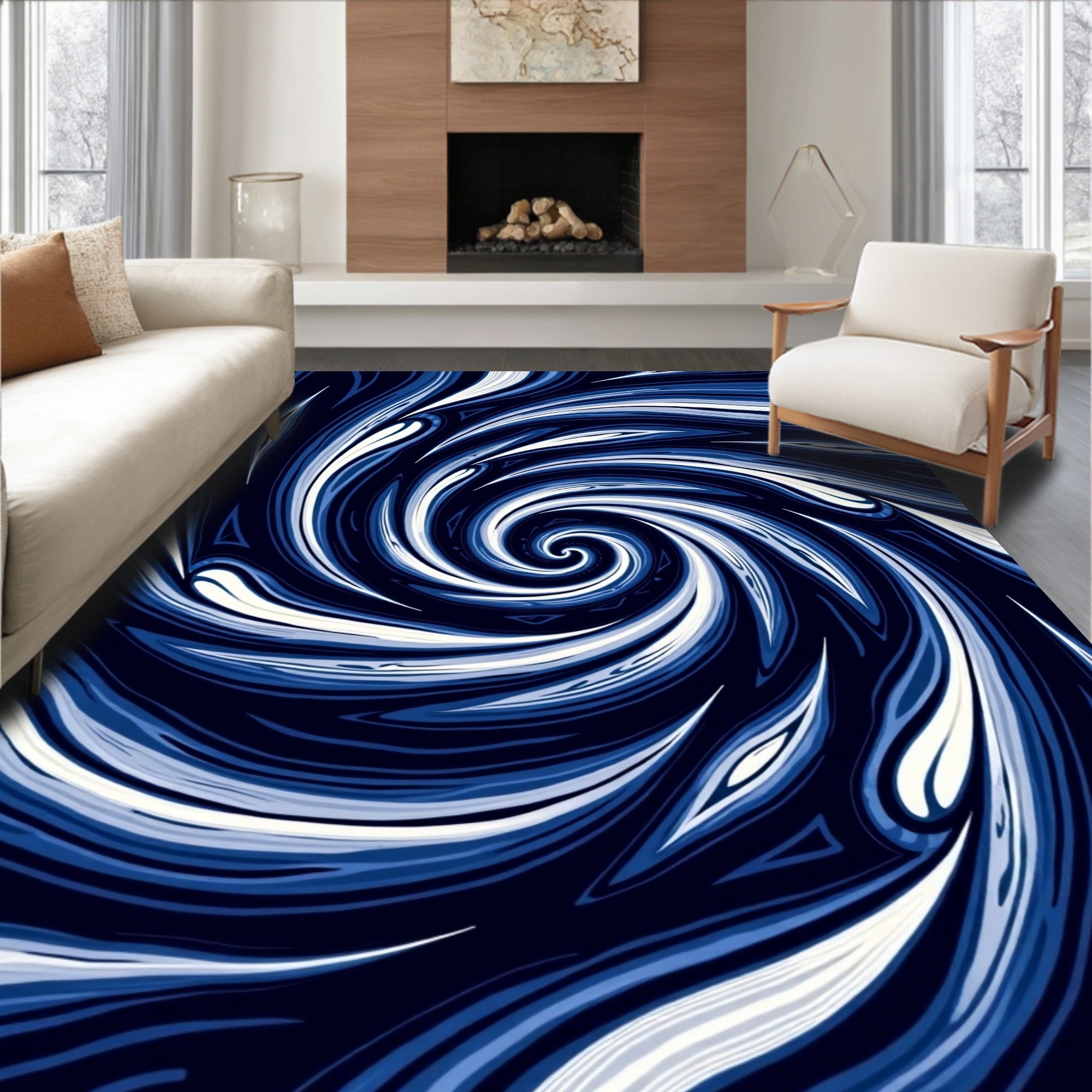 Abstract Blue Spiral Whirling Design Rug