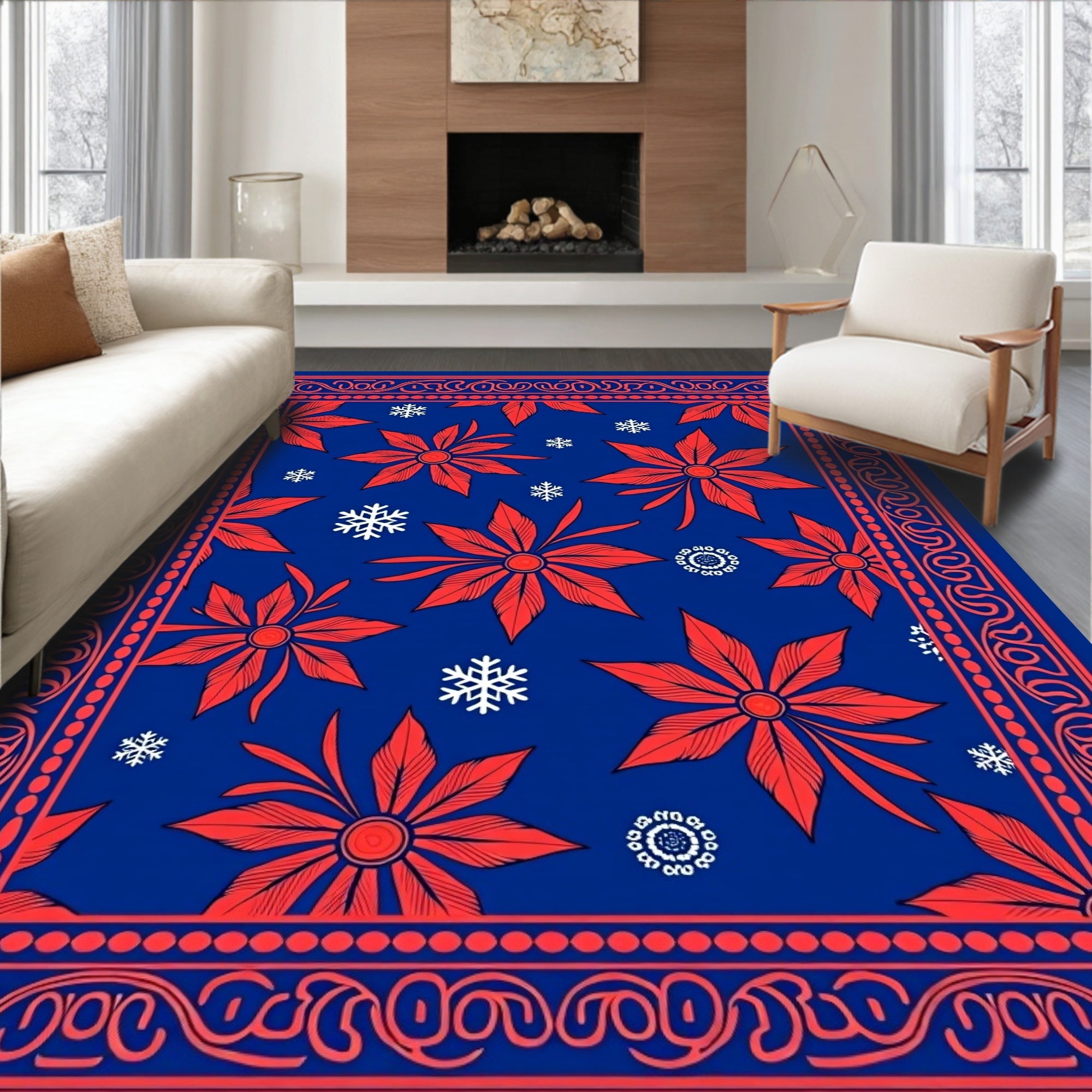 Red Floral Snowflakes Vintage Design Rug