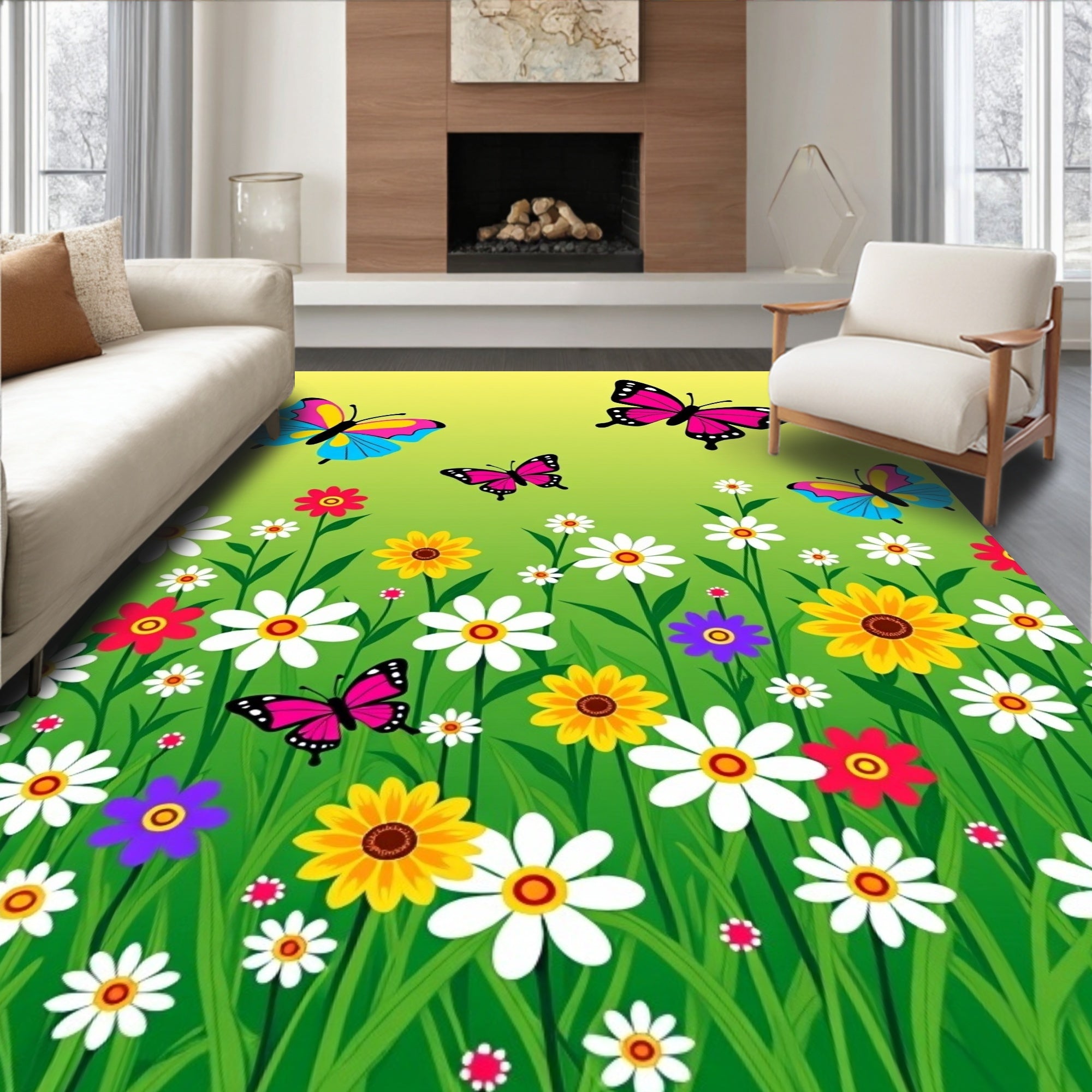 Vibrant Floral Butterfly Meadow Design Rug
