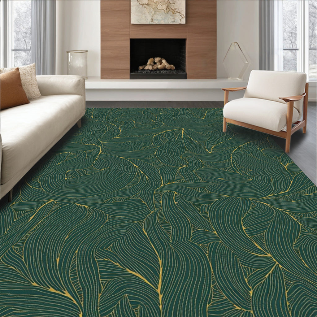 Emerald Gold Leaf Line Art Rug
