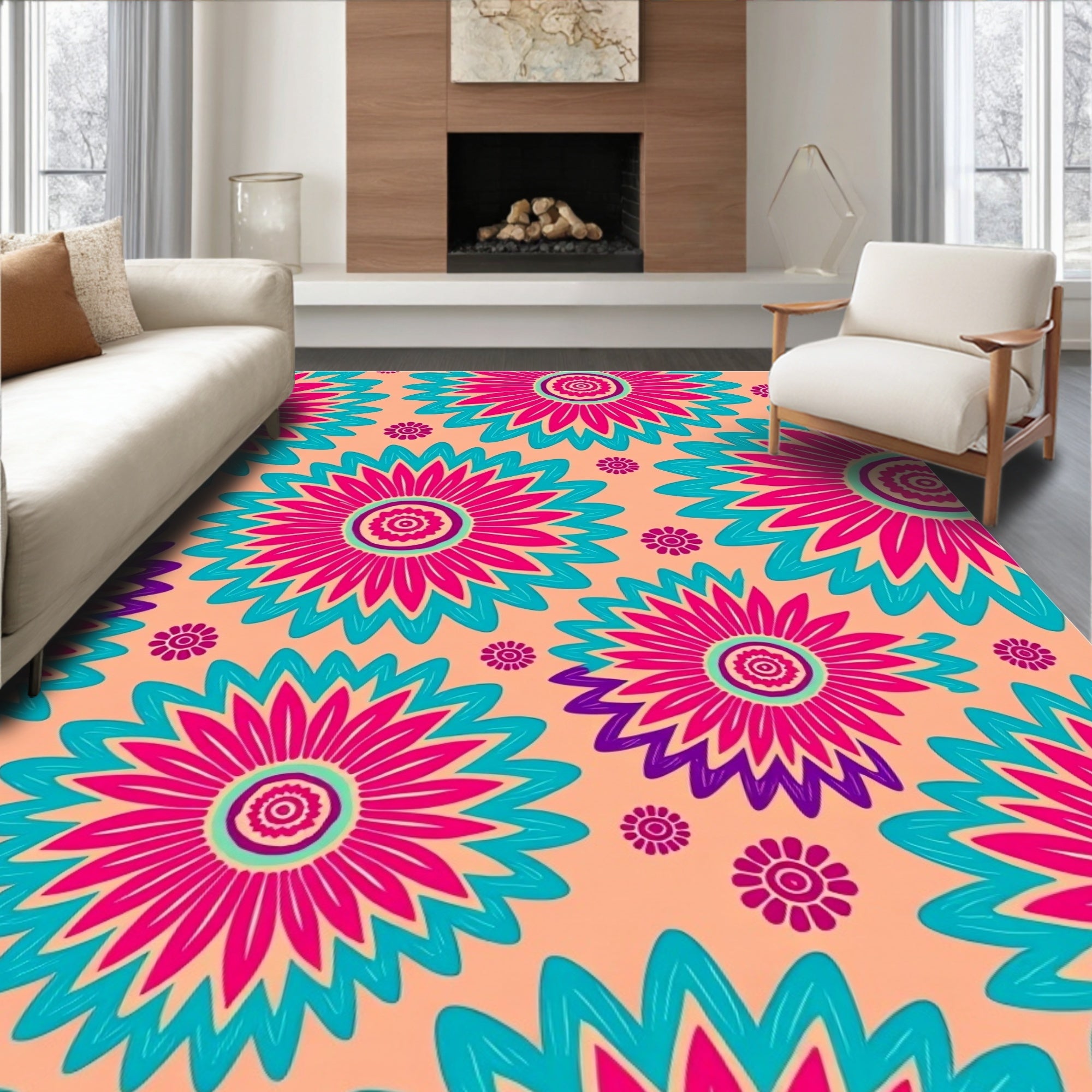 Vibrant Pink Teal Floral Burst Pattern Rug