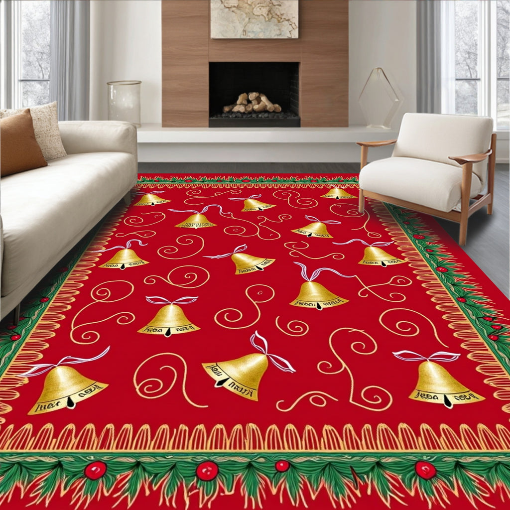 Gold Bells On Red Holiday Design Rug