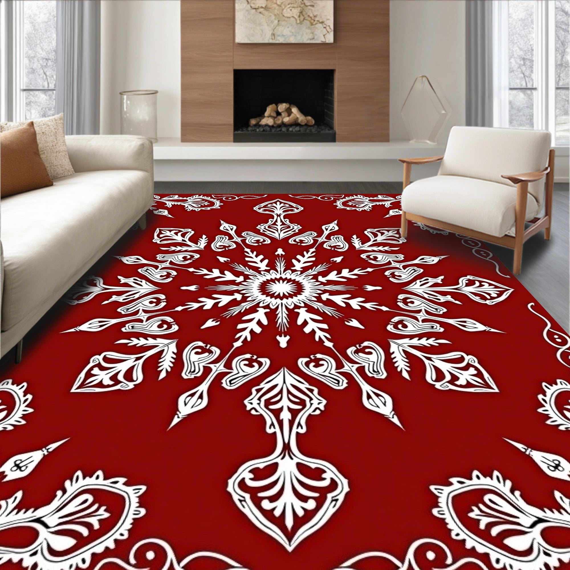 Red Snowflake Ornamental Pattern Design Rug
