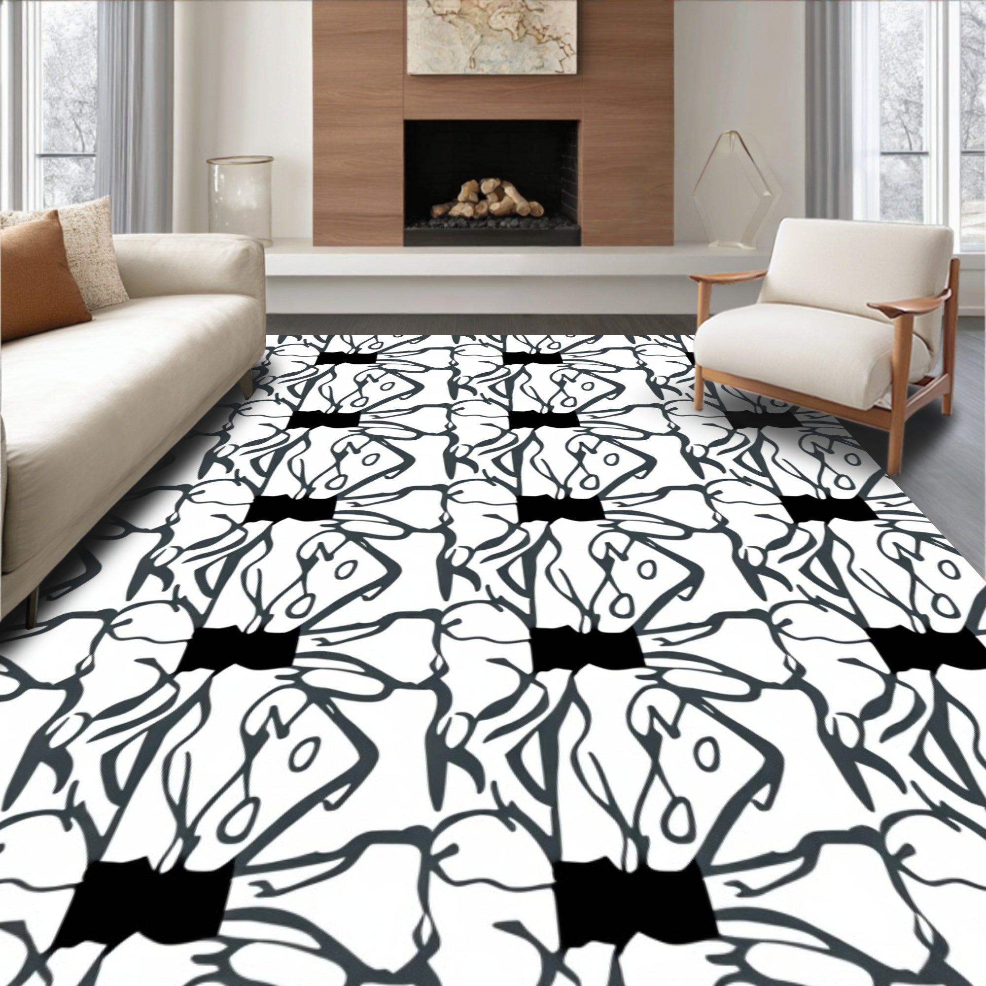 Monochrome Abstract Floral Pattern Rug