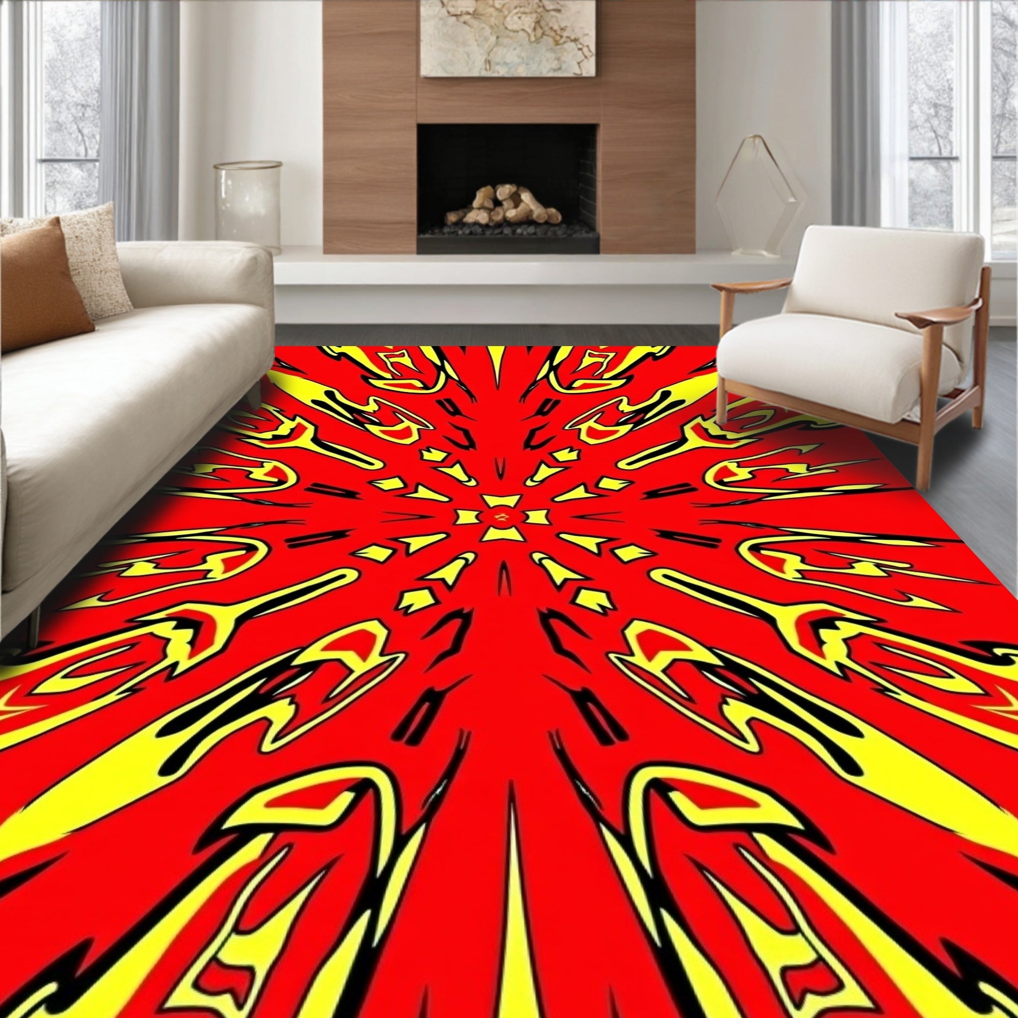 Bold Red Yellow Abstract Pattern Rug