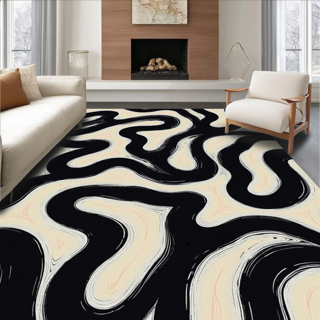Black Cream Wavy Abstract Brushstroke Rug