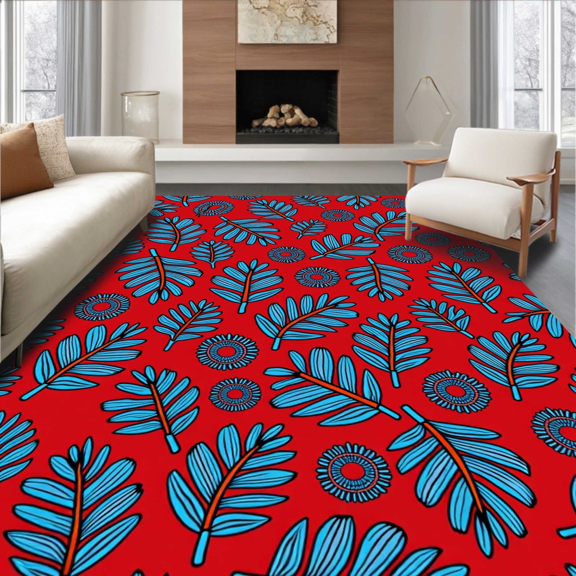 Bold Red Blue Foliage Pattern Rug