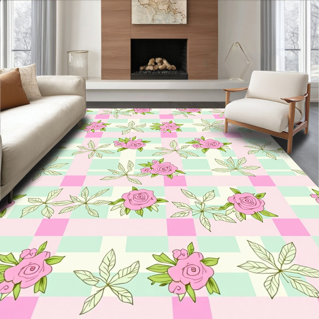 Pink Roses Botanical Checkered Design Rug