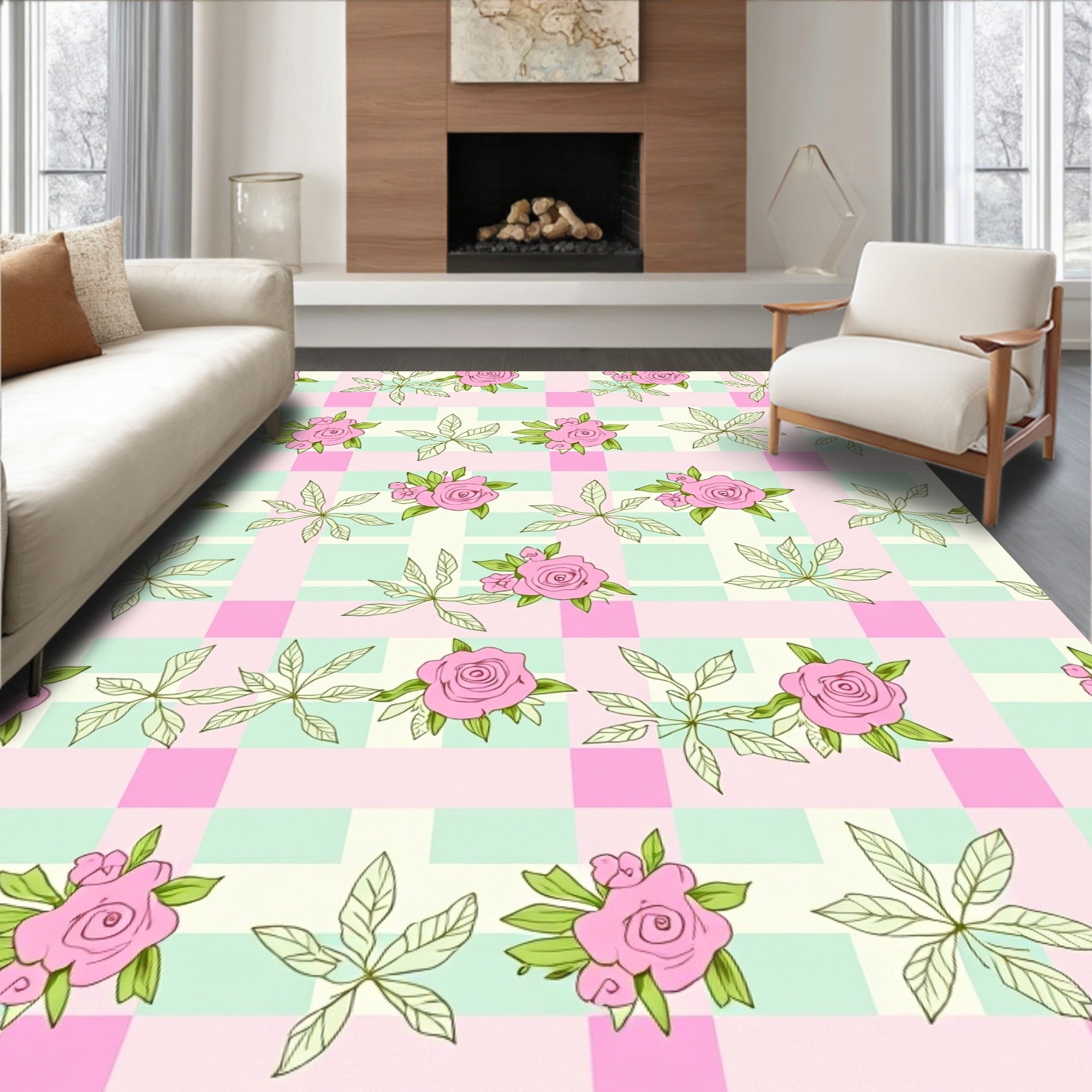Pink Roses Botanical Checkered Design Rug